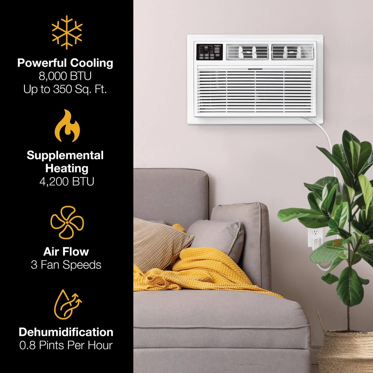 Powerful Cooling  
8,000 BTU  
Up to 350 Sq. Ft.  

Supplemental Heating  
4,200 BTU  

Air Flow  
3 Fan Speeds  

Dehumidification  
0.8 Pints Per Hour