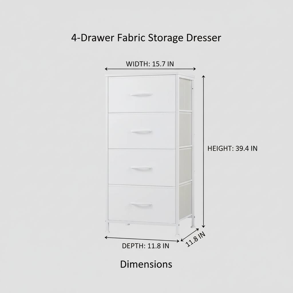 4-Drawer Fabric Storage Dresser

WIDTH: 15.7 IN  
HEIGHT: 39.4 IN  
DEPTH: 11.8 IN  

Dimensions