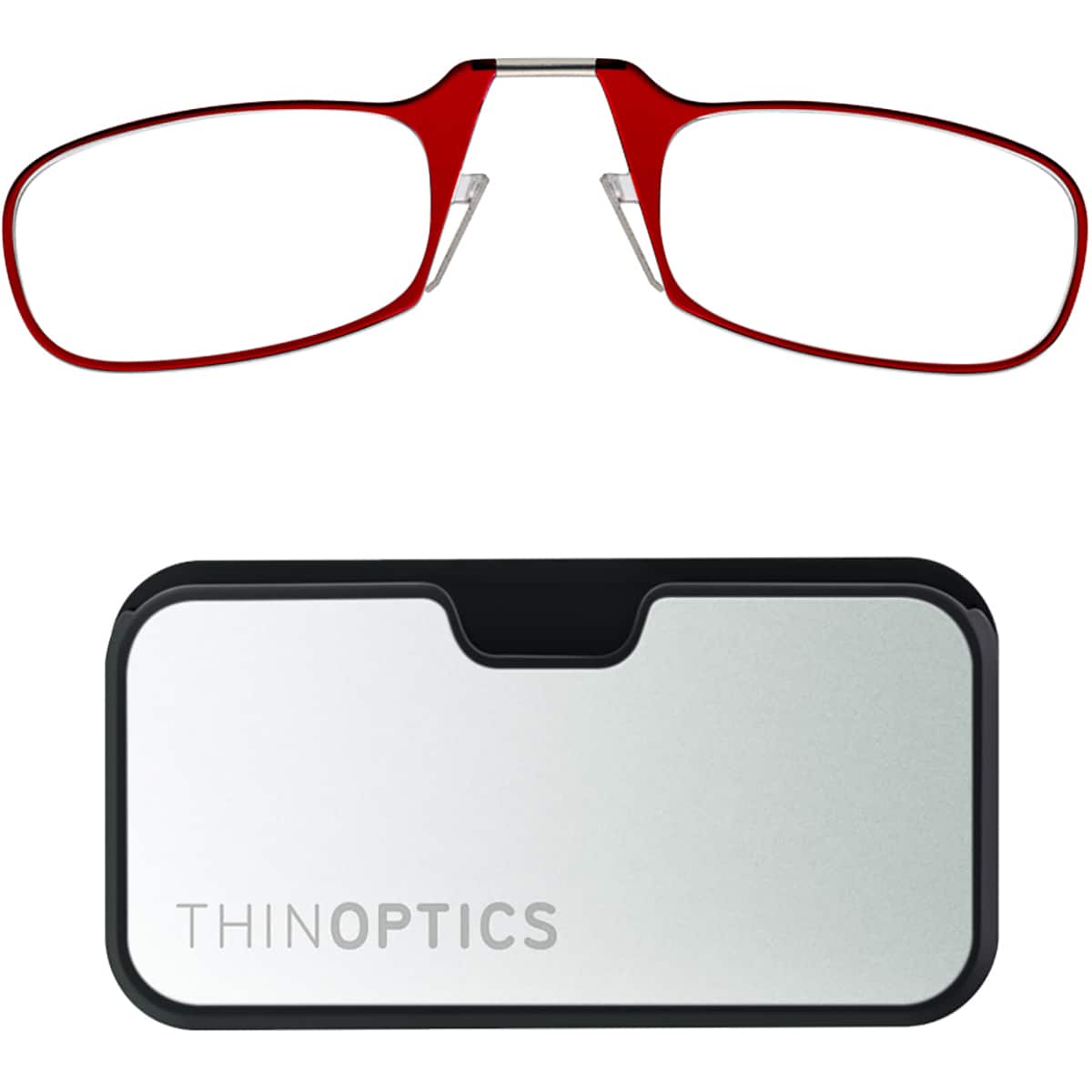 ThinOptics - Glasses with Metal Finish Pod - +2.00 - Red Frame, Silver Black Pod