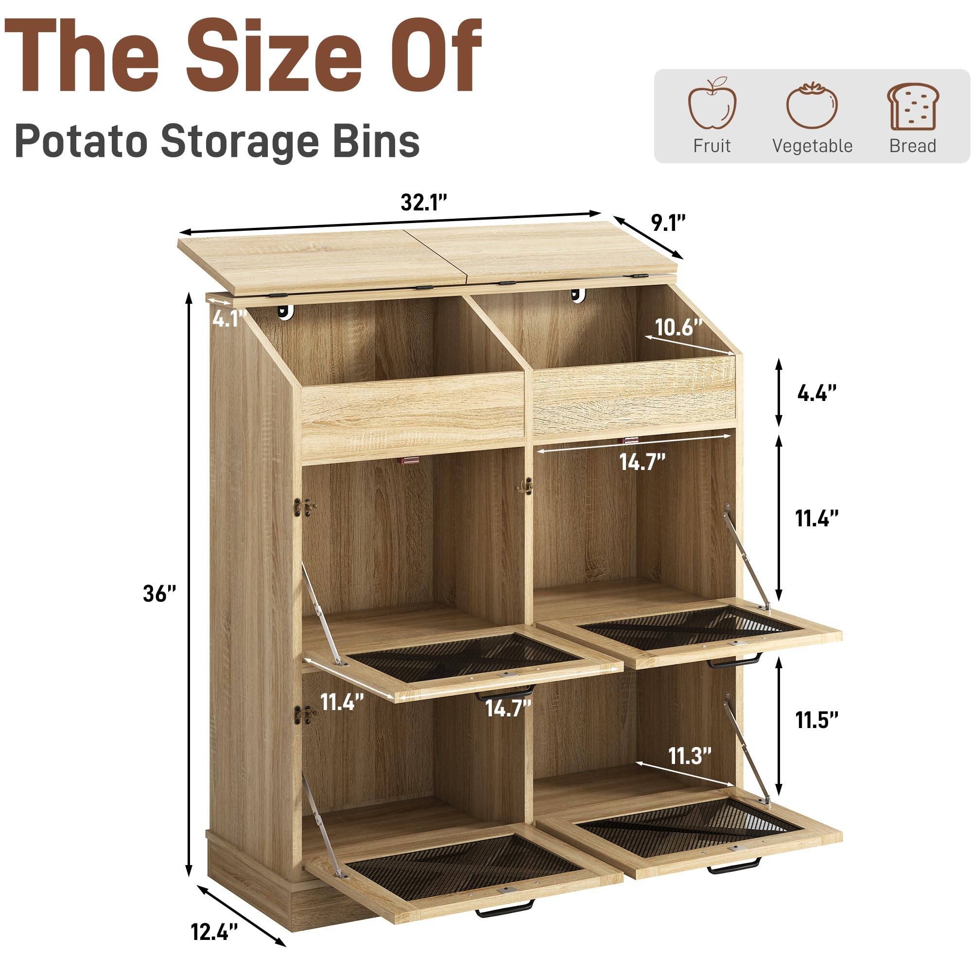The Size Of Potato Storage Bins

- Fruit: 9.1" x 10.6" x 4.4"
- Vegetable: 14.7" x 11.4" x 11.5"
- Bread: 4.1" x 14.7" x 11.3"

Overall Dimensions: 32.1" x 36" x 12.4"