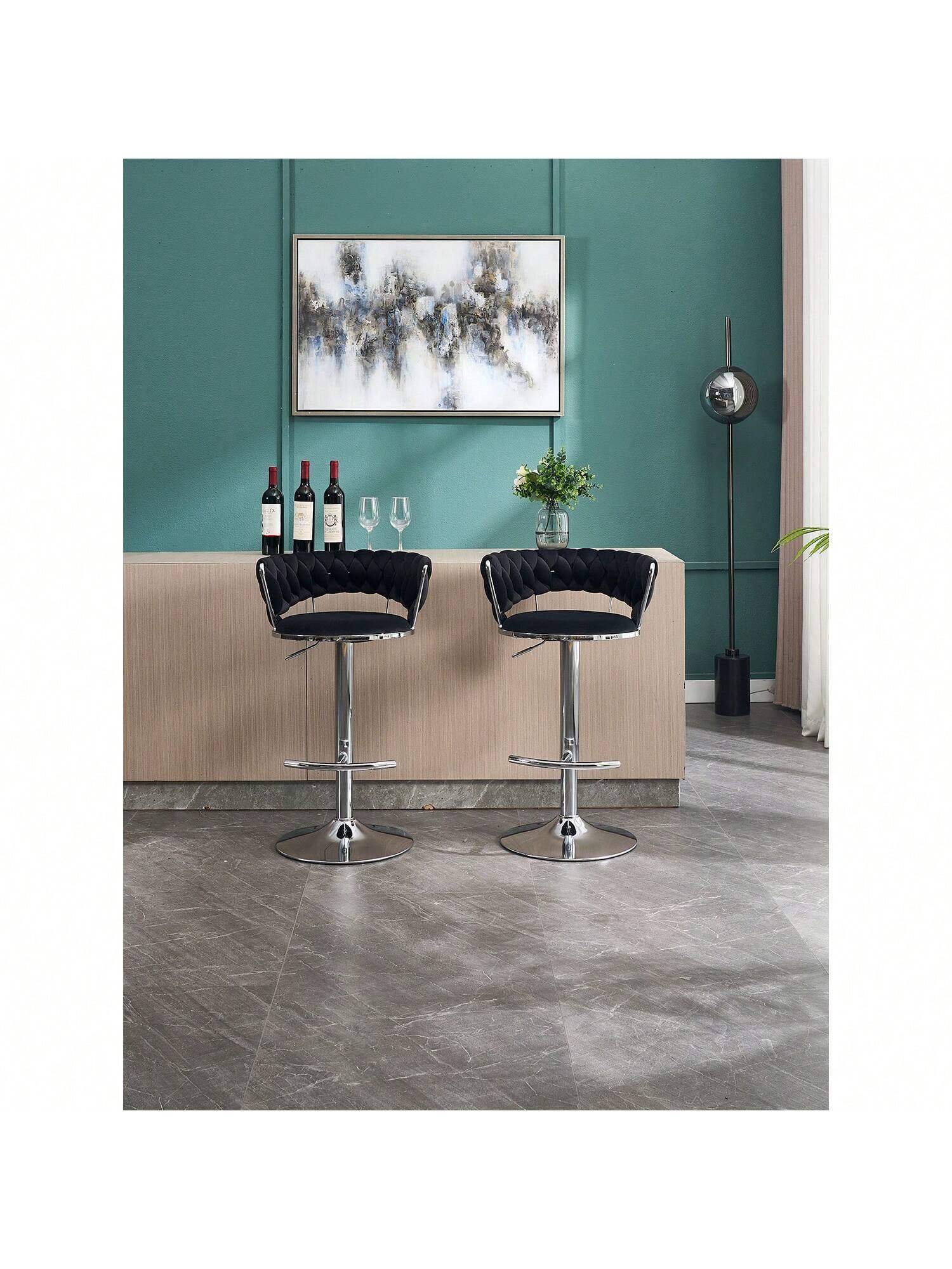 Angle. Trinkets Crazed - Velvet Bar Stools Set Of 2, Modern Swivel Barstools With Woven Backrest, Adjustable Counter Stools - Black.