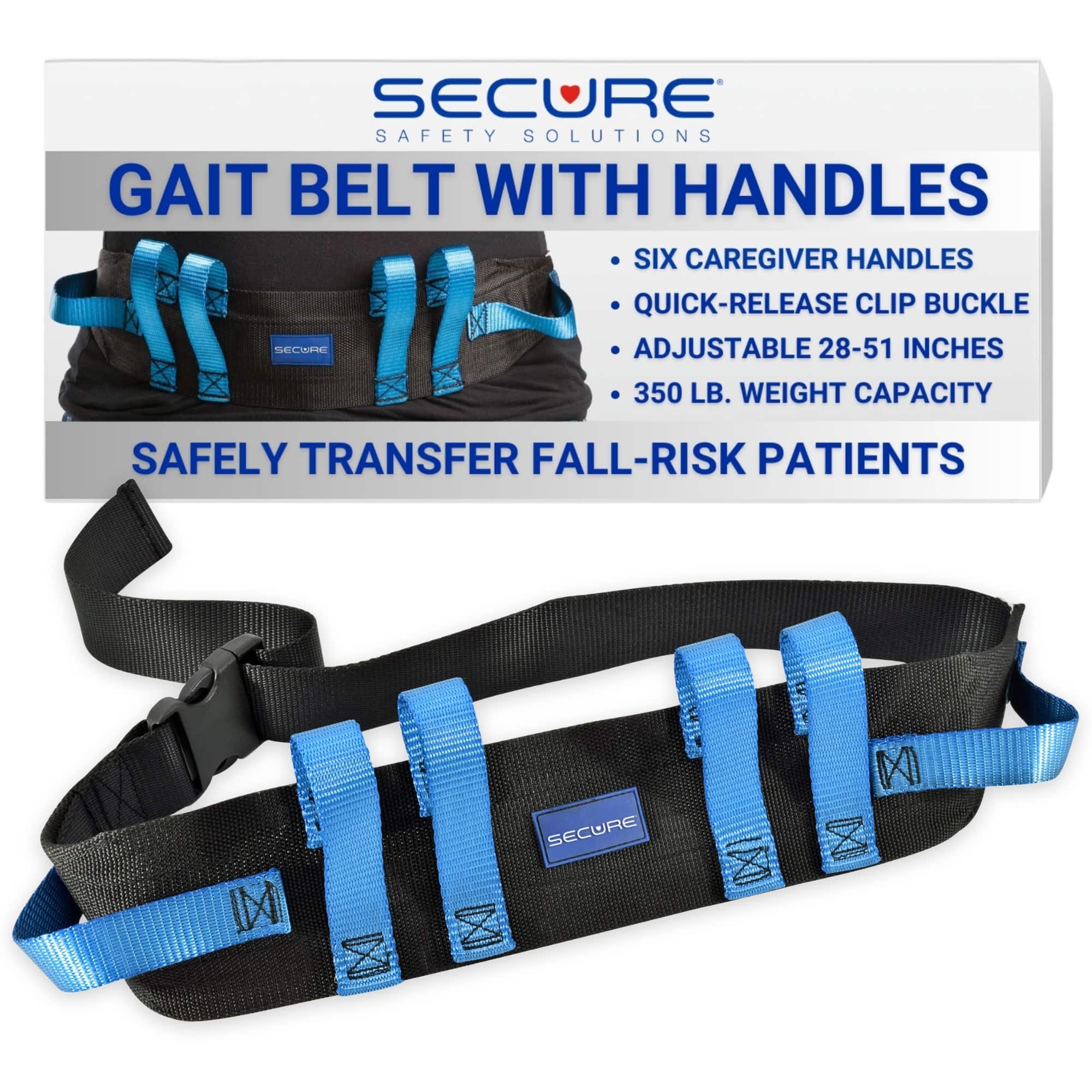 Secure Safety Solutions - Secure Gait Belt for Seniors - 52" Transfer Lift Belt, 6 Handles & Quick-Release Buckle, Elderly Patients, Therapy - Black/Blue