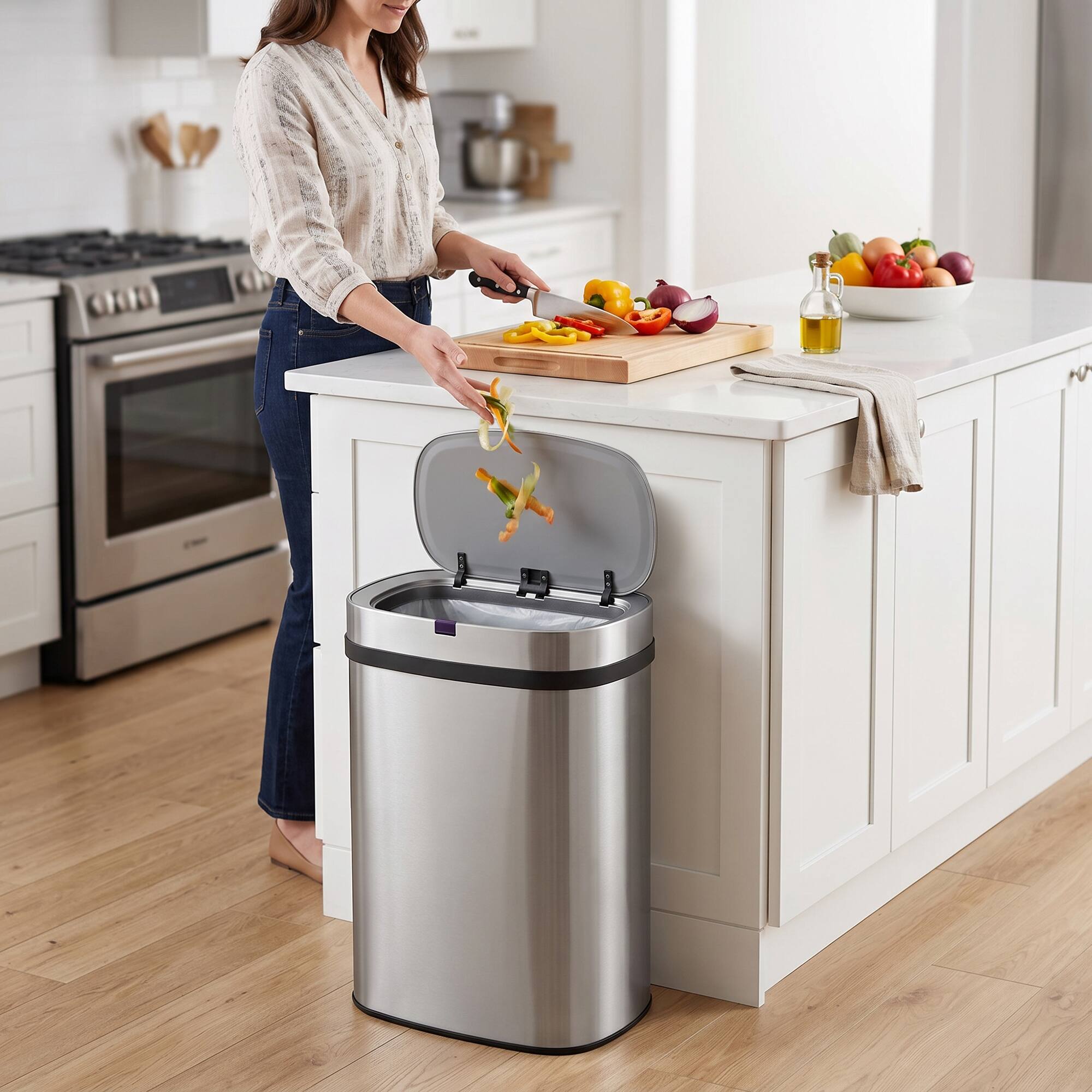 Alt View 4. Innovaze - 13-Gal. Touchless Motion Sensor Kitchen Trash Can with Bonus 45 Trash Bags, Stainless Steel Oval Design - Silver.