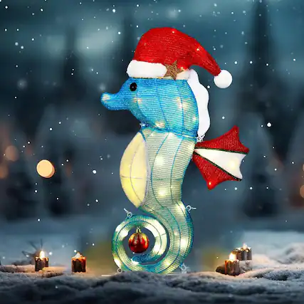 Front. RTMB - 26.7" Lighted 3D Seahorse Christmas Yard Decor, Outdoor, Santa Hat Accent - multicolor.