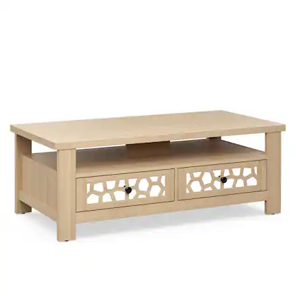 Front. Costway - Coffee Table with2 Drawers & Open Shelf Modern Rectangular Wood Living Room Table Natural - Oak.