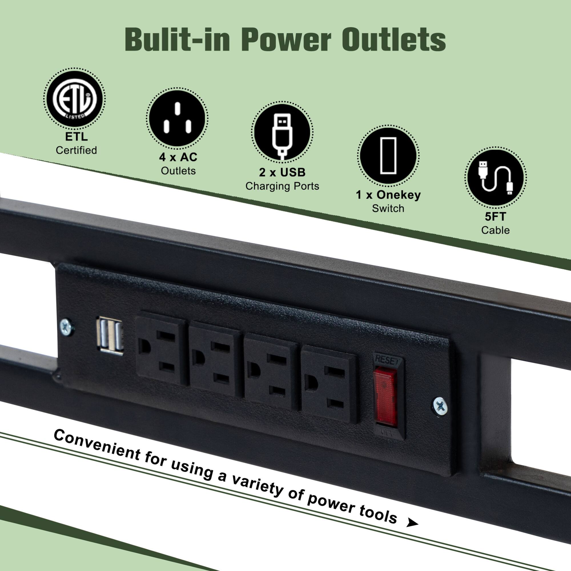 Built-in Power Outlets

- ETL Certified
- 4 x AC Outlets
- 2 x USB Charging Ports
- 1 x Onekey Switch
- 5FT Cable

Convenient for using a variety of power tools