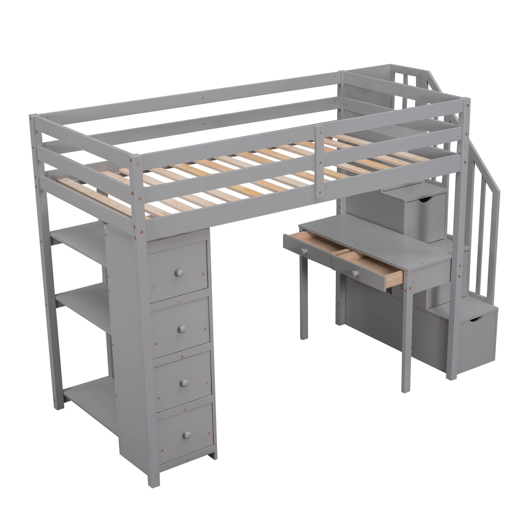 Left. Aukfa - Twin size Loft Bed with Storage Drawers and Stairs, Wooden Loft Bed with Shelves - Gray.