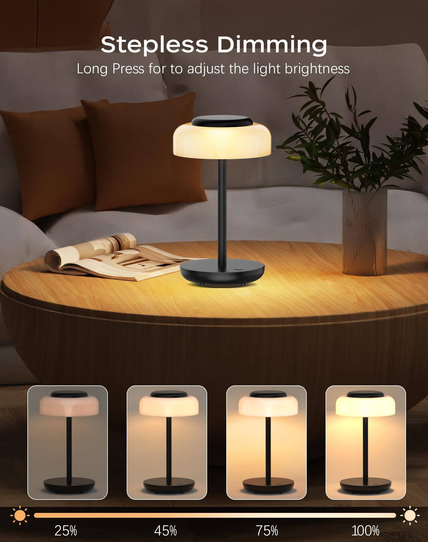 Stepless Dimming  
Long Press for to adjust the light brightness  

25% 45% 75% 100%