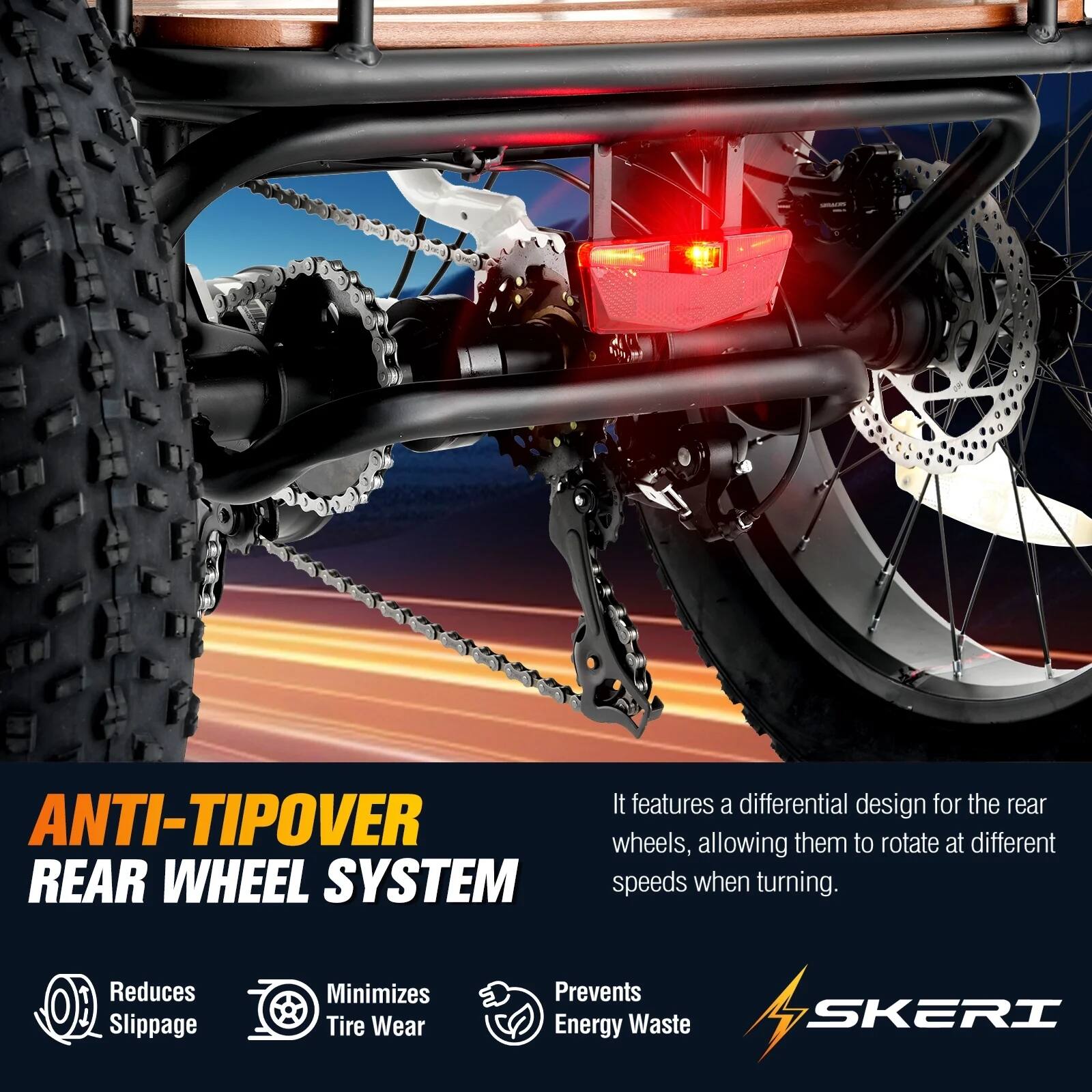 It features a differential design for the rear ANTI-TIPOVER wheels, allowing them to rotate at different REAR WHEEL SYSTEM speeds when turning. Reduces Slippage Minimizes Tire Wear Prevents Energy Waste 4 SKERI
