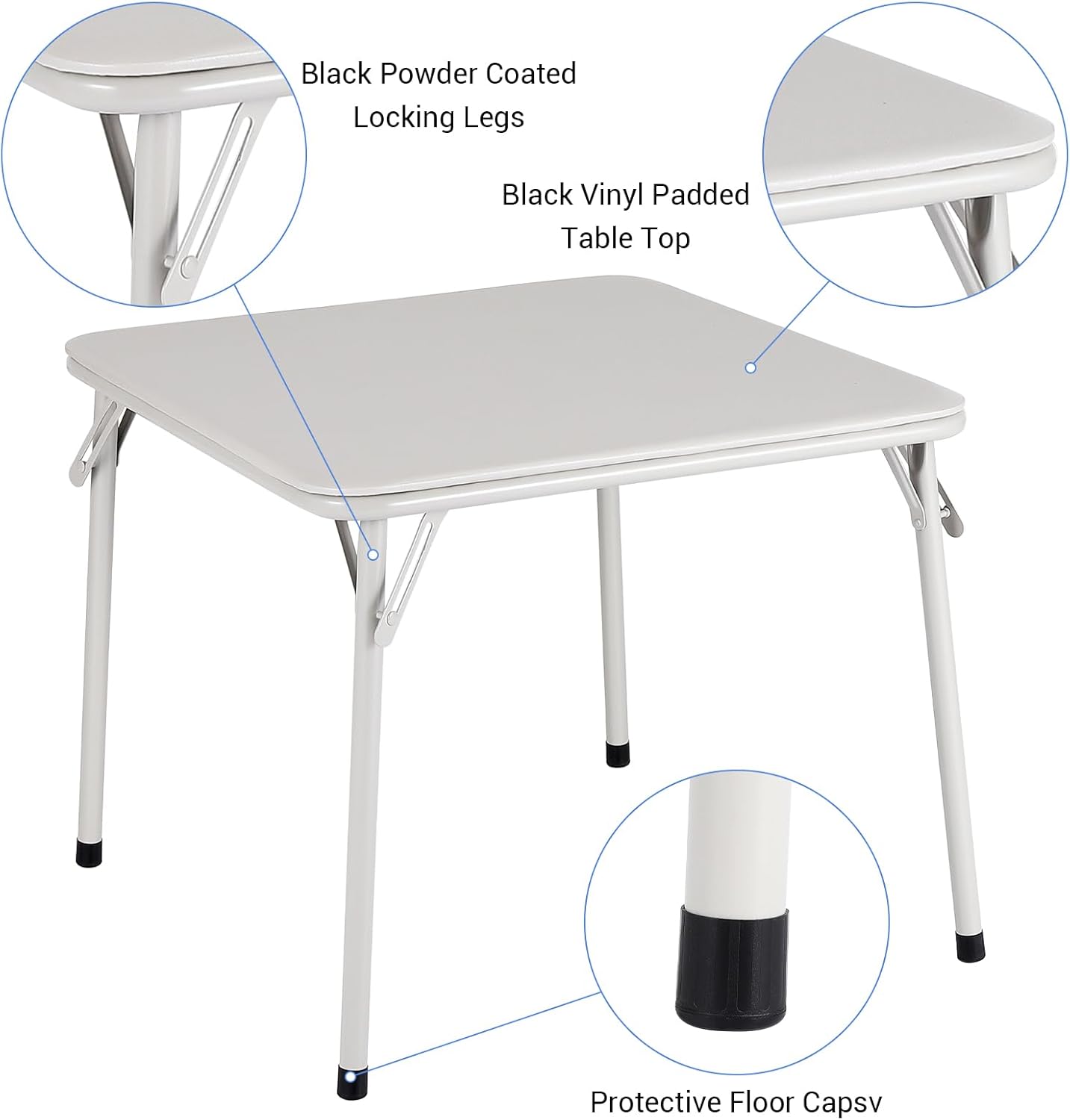Black Powder Coated Locking Legs  
Black Vinyl Padded Table Top  
Protective Floor Caps