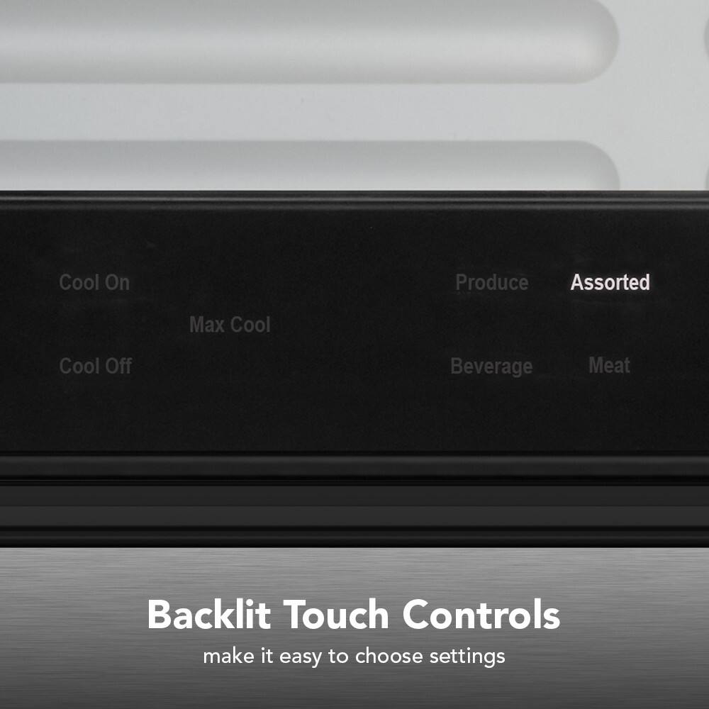 Cool On  
Max Cool  
Cool Off  

Produce  
Assorted  
Beverage  
Meat  

Backlit Touch Controls  
make it easy to choose settings