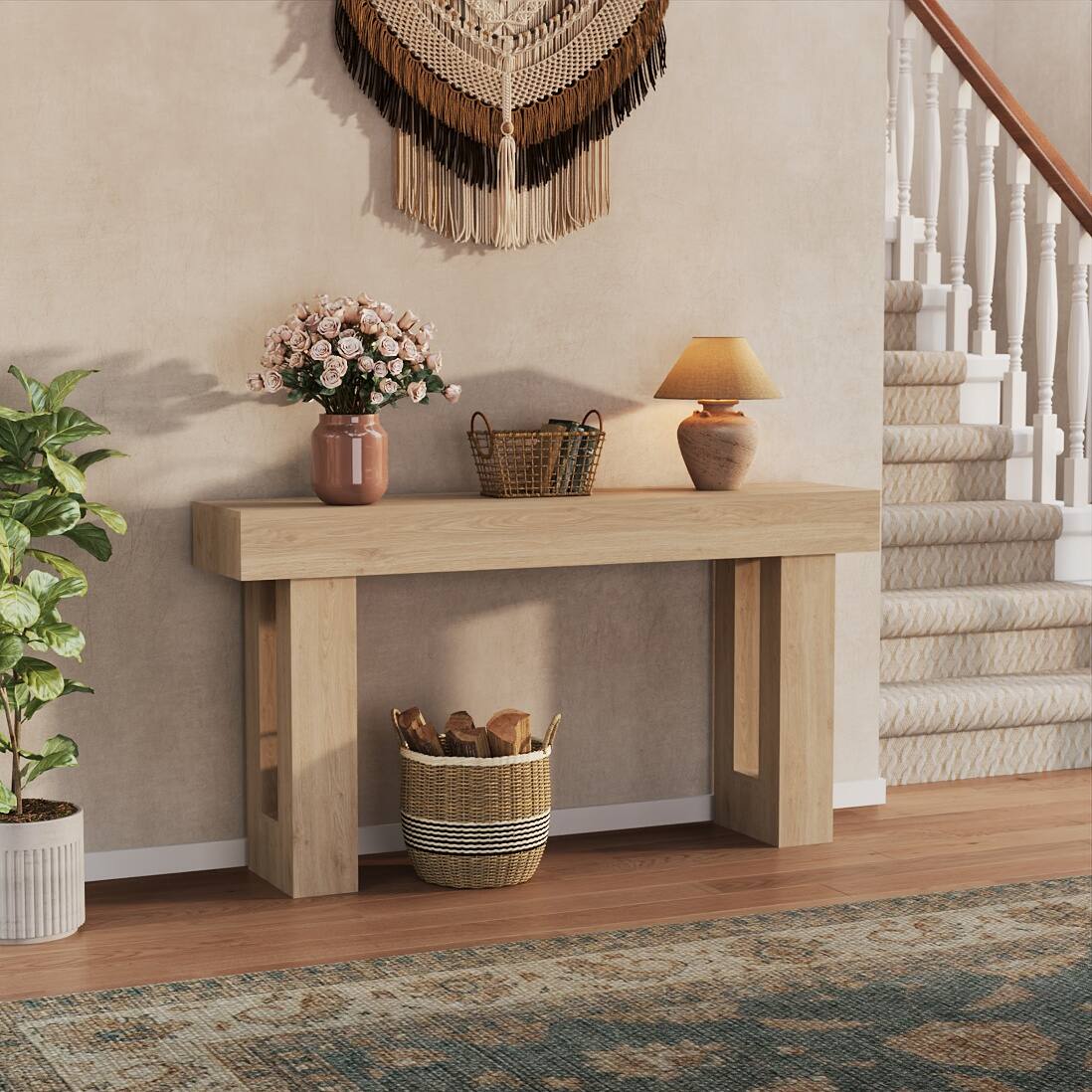 Alt View 2. Acekool - 63" Long Narrow Rectangular Console Table, Farmhouse Wood Entryway Table - Natural.