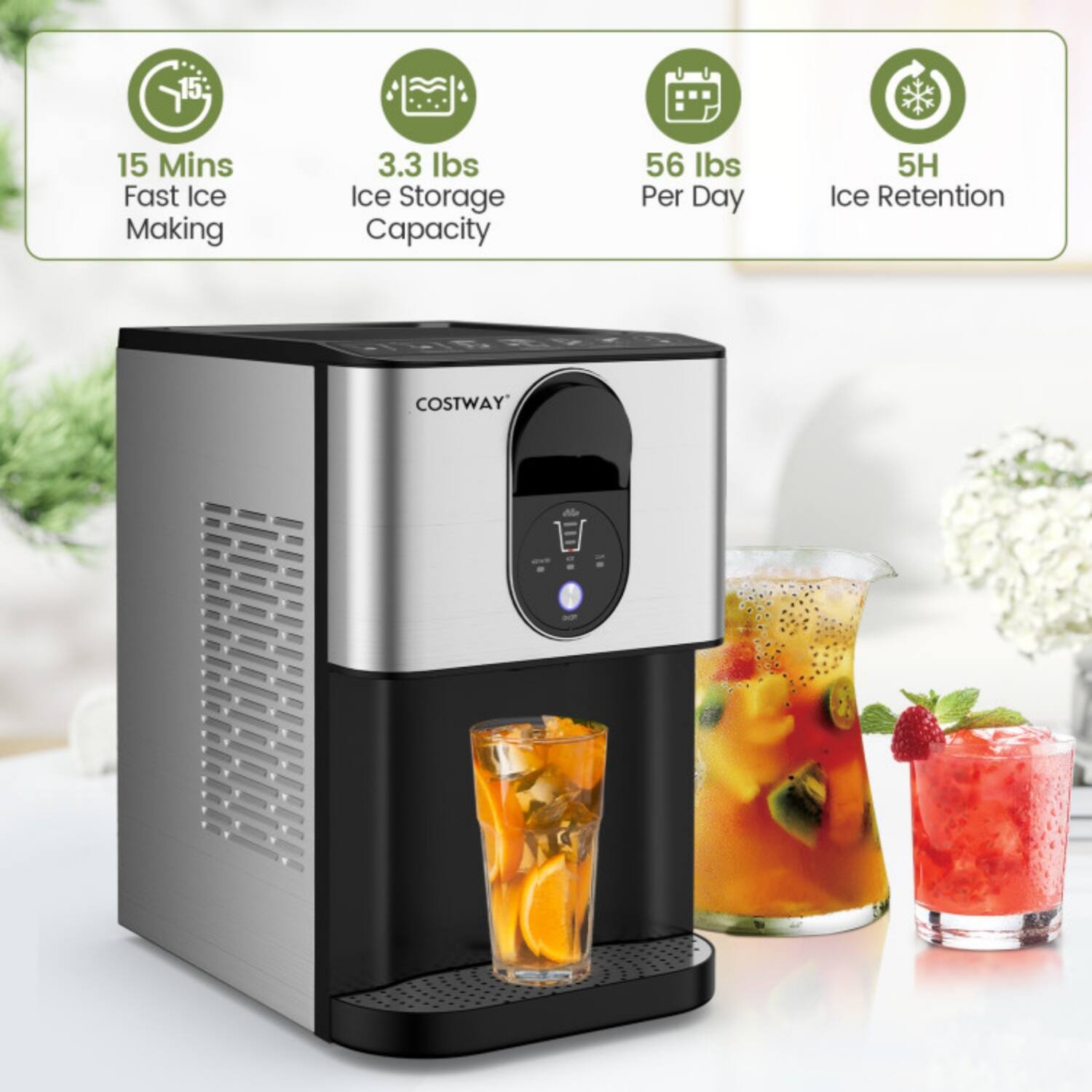 15 Mins Fast Ice Making  
3.3 lbs Ice Storage Capacity  
56 lbs Per Day  
5H Ice Retention  
COSTWAY