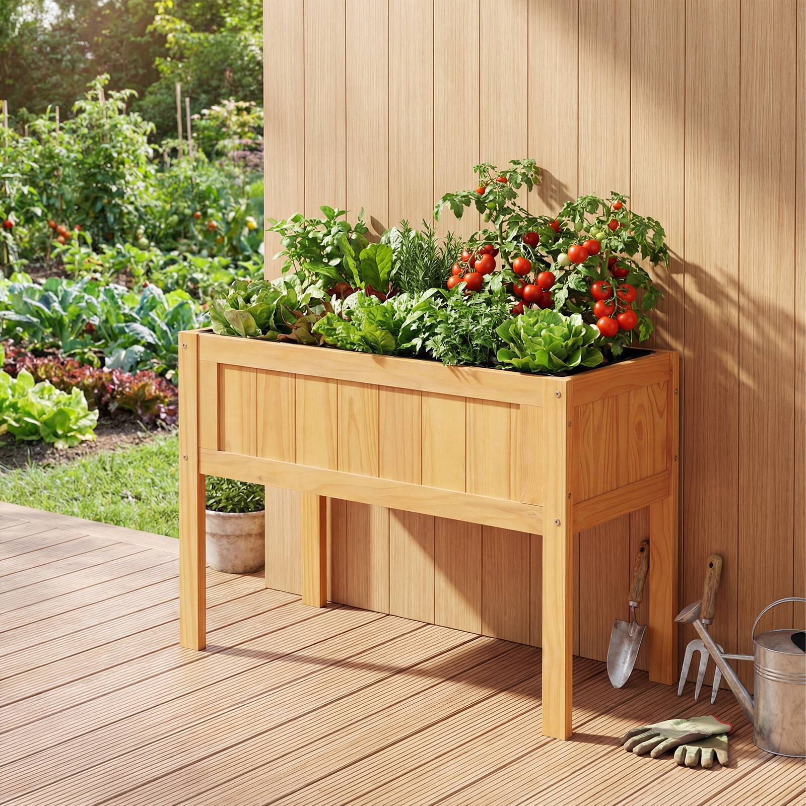 Angle. Costway - Wooden Elevated Planter Box with Solid Wood Frame & Sturdy Legs Slatted Bottom - Brown.
