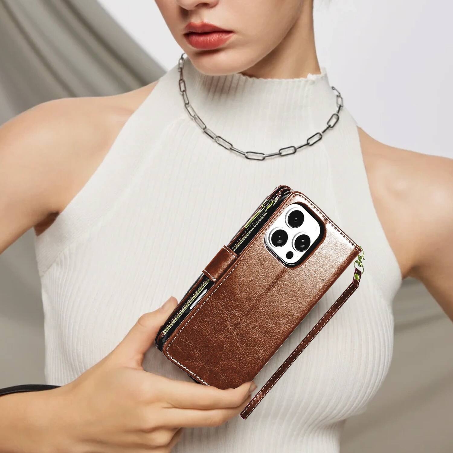Alt View 7. Equipd - Phone Case for iPhone 16 Pro Max 6.9", Luxury Wallet Card ID Zipper Money Holder Cover (Brown) - Brown.