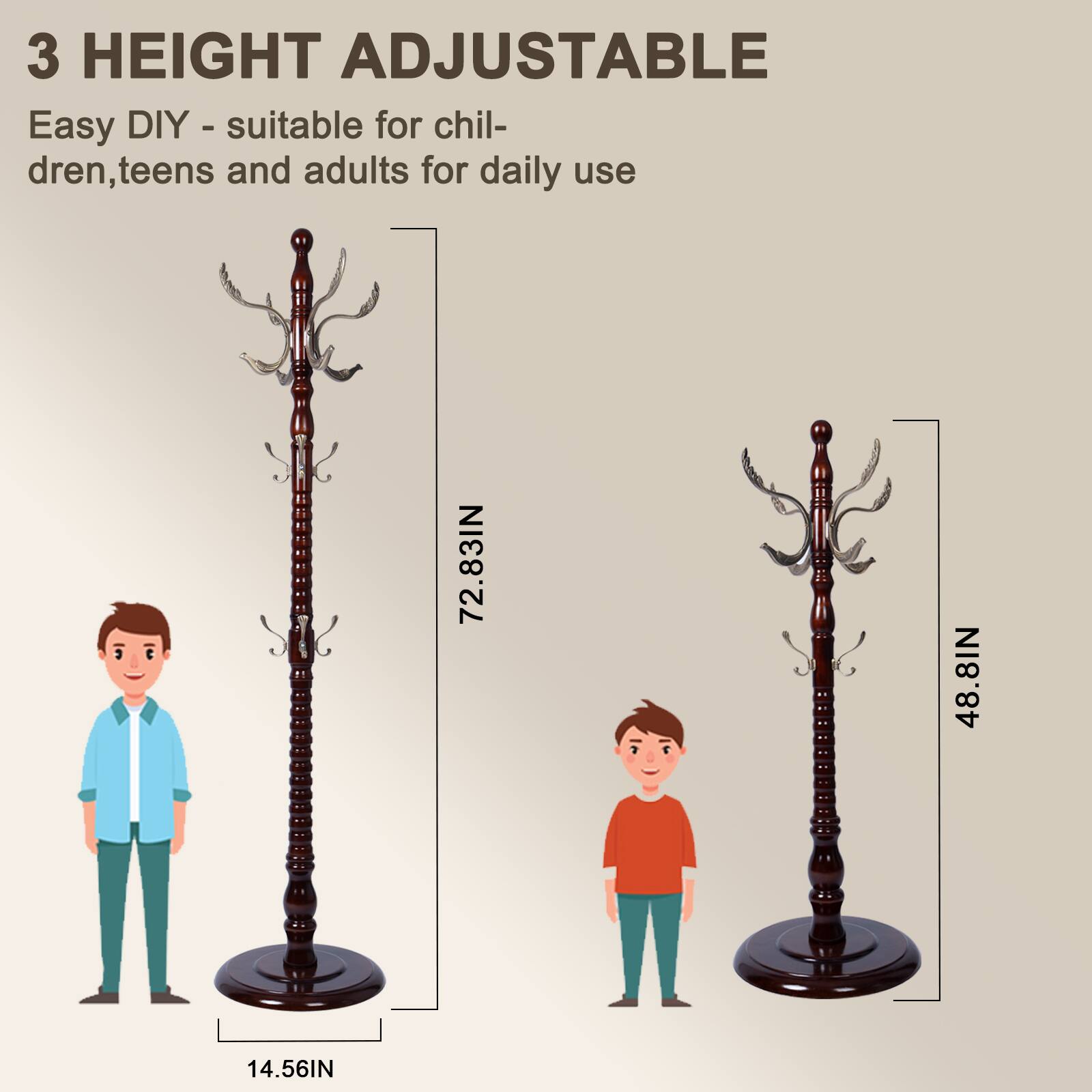 Alt View 4. Chateau Abodes - Solid Wood Coat Rack, Free Standing Hall Coat Tree with 14Hooks, 3 Height Options, 300lbs Load, Stury Base - Metal Phoenix Hook.