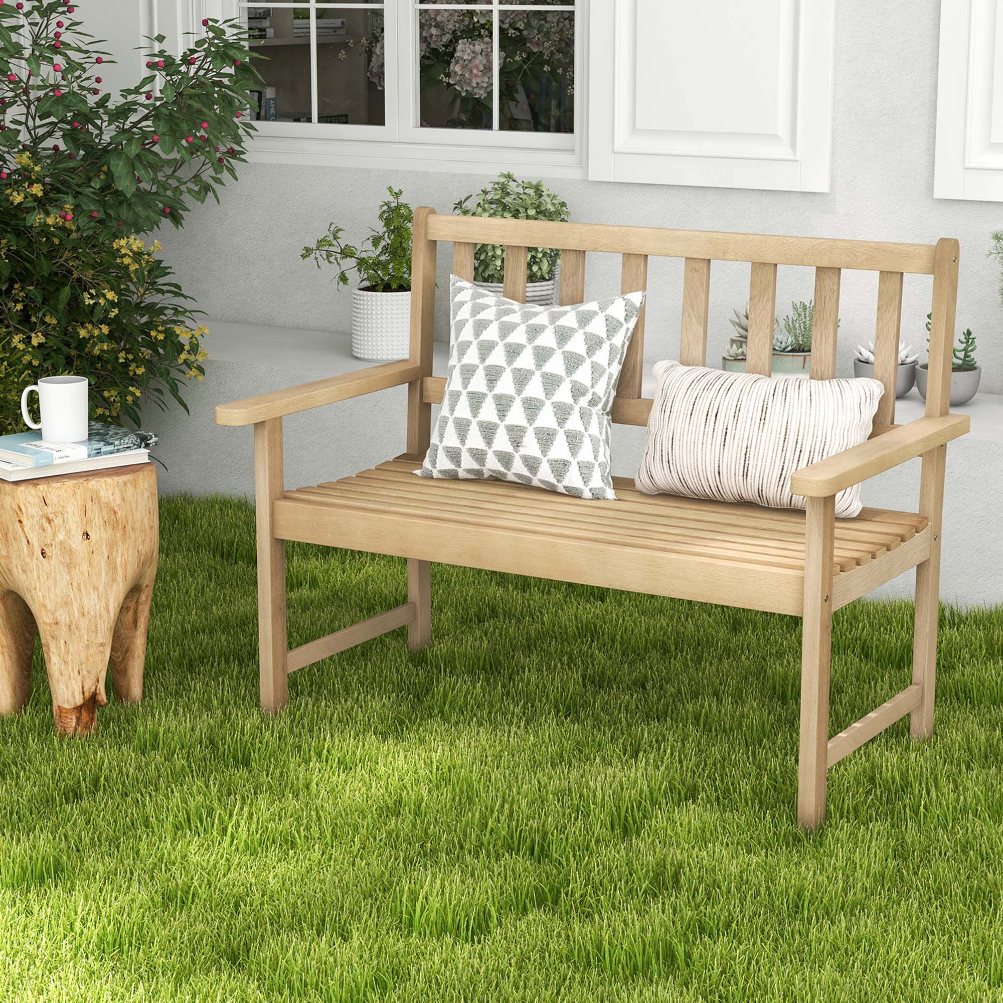 Back. Costway - Indonesia Teak Wood Garden Bench 2-Person Patio Bench with Backrest & Armrests - Natural.