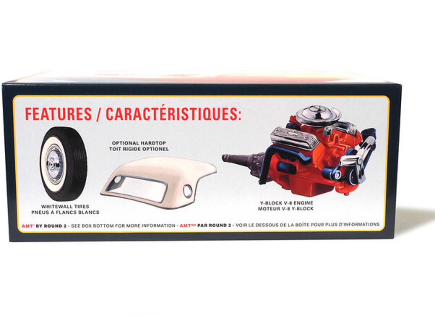 FEATURES / CARACTÉRISTIQUES:

- OPTIONAL HARDTOP TOIT RIGIDE OPTIONNEL
- WHITEWALL TIRES PNEUS A FLANCS BLANCS
- Y-BLOCK V-8 ENGINE MOTEUR V-8 Y-BLOCK

AMT BY ROUND 2 - SEE BOX BOTTOM FOR MORE INFORMATION - AMT PAR ROUND 2 - VOIR LE DESSOUS DE LA BOITE POUR PLUS D'INFORMATIONS