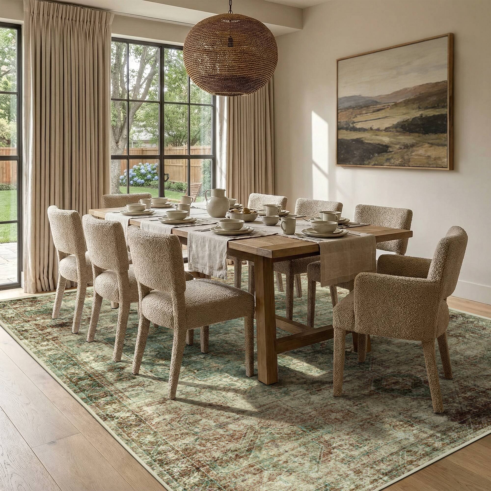 Alt View 2. KERDOM - 5x7 Vintage Boho Medallion Area Rug, Machine Washable, Non Slip Back Low Pile, Large Living Room Bedroom Dining Room Rug - Green Brown.