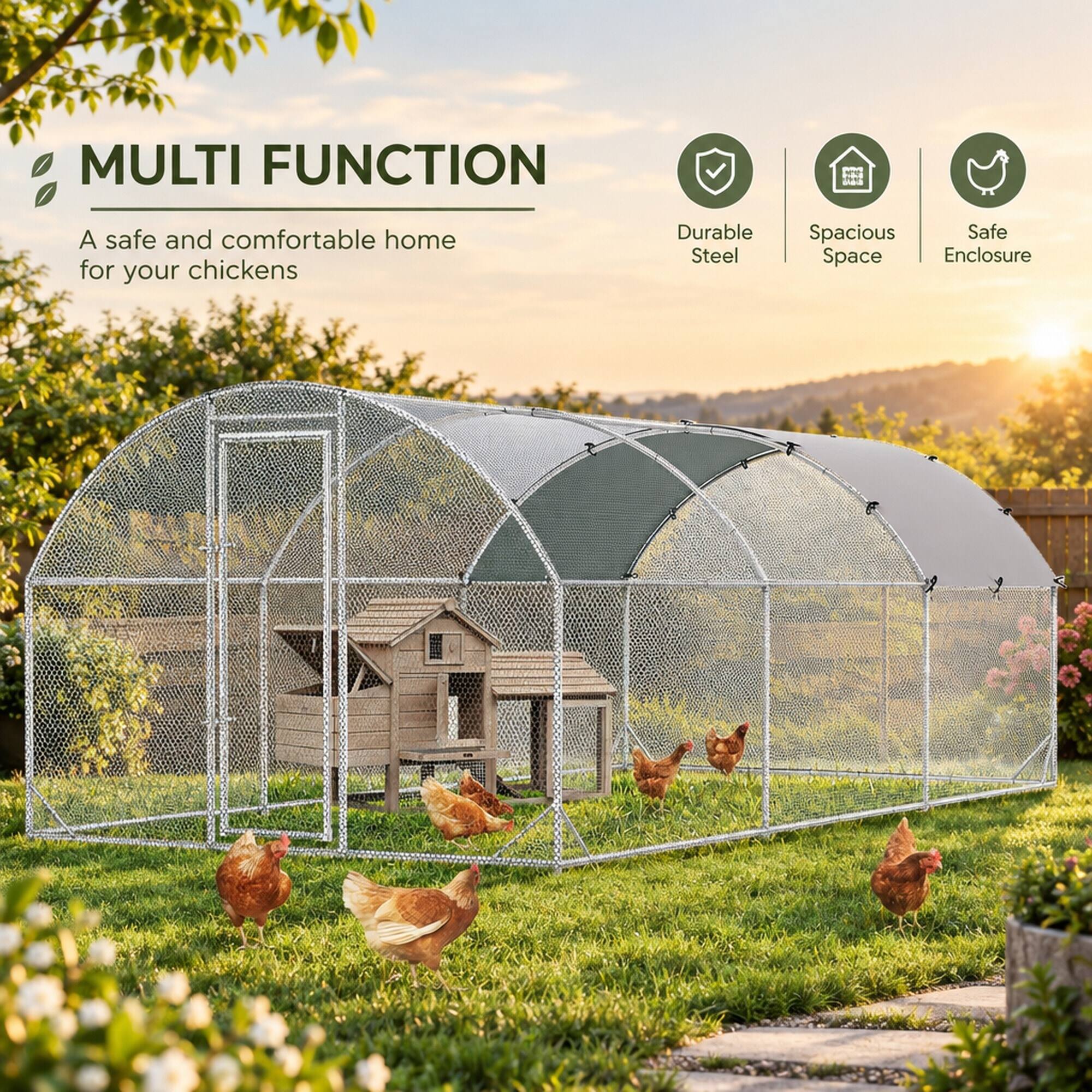 MULTI FUNCTION  
A safe and comfortable home for your chickens  
Durable Steel  
Spacious Space  
Safe Enclosure
