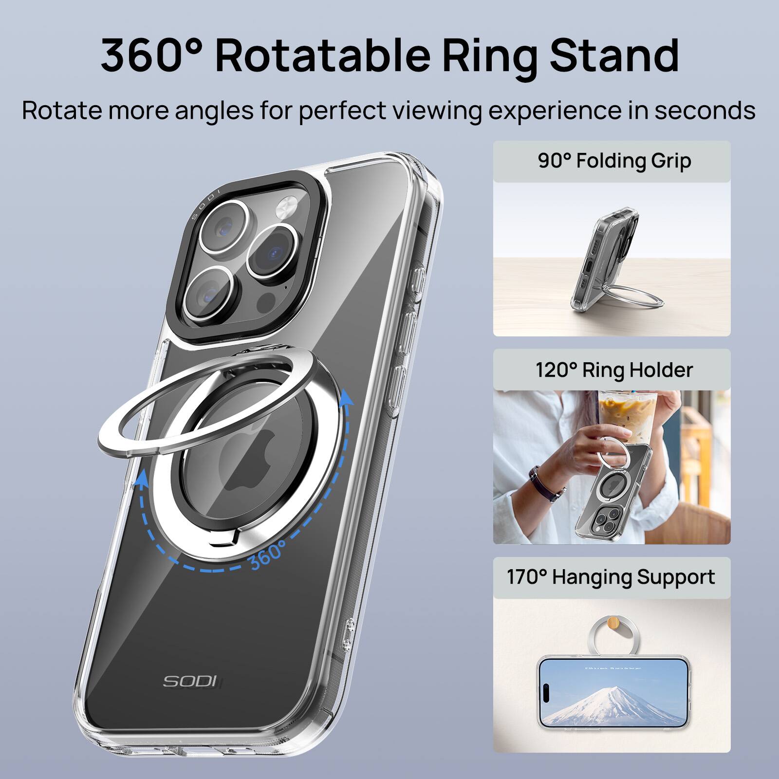 The image features a 360 Rotatable Ring Stand, which allows for more angles to be rotated for a perfect viewing experience in seconds. The stand also comes with a 90 Folding Grip and a 120 Ring Holder for added convenience. Additionally, the stand offers a 360 and 170 Hanging Support for added versatility. The product is made by SODI.