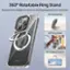 The image features a 360 Rotatable Ring Stand, which allows for more angles to be rotated for a perfect viewing experience in seconds. The stand also comes with a 90 Folding Grip and a 120 Ring Holder for added convenience. Additionally, the stand offers a 360 and 170 Hanging Support for added versatility. The product is made by SODI.