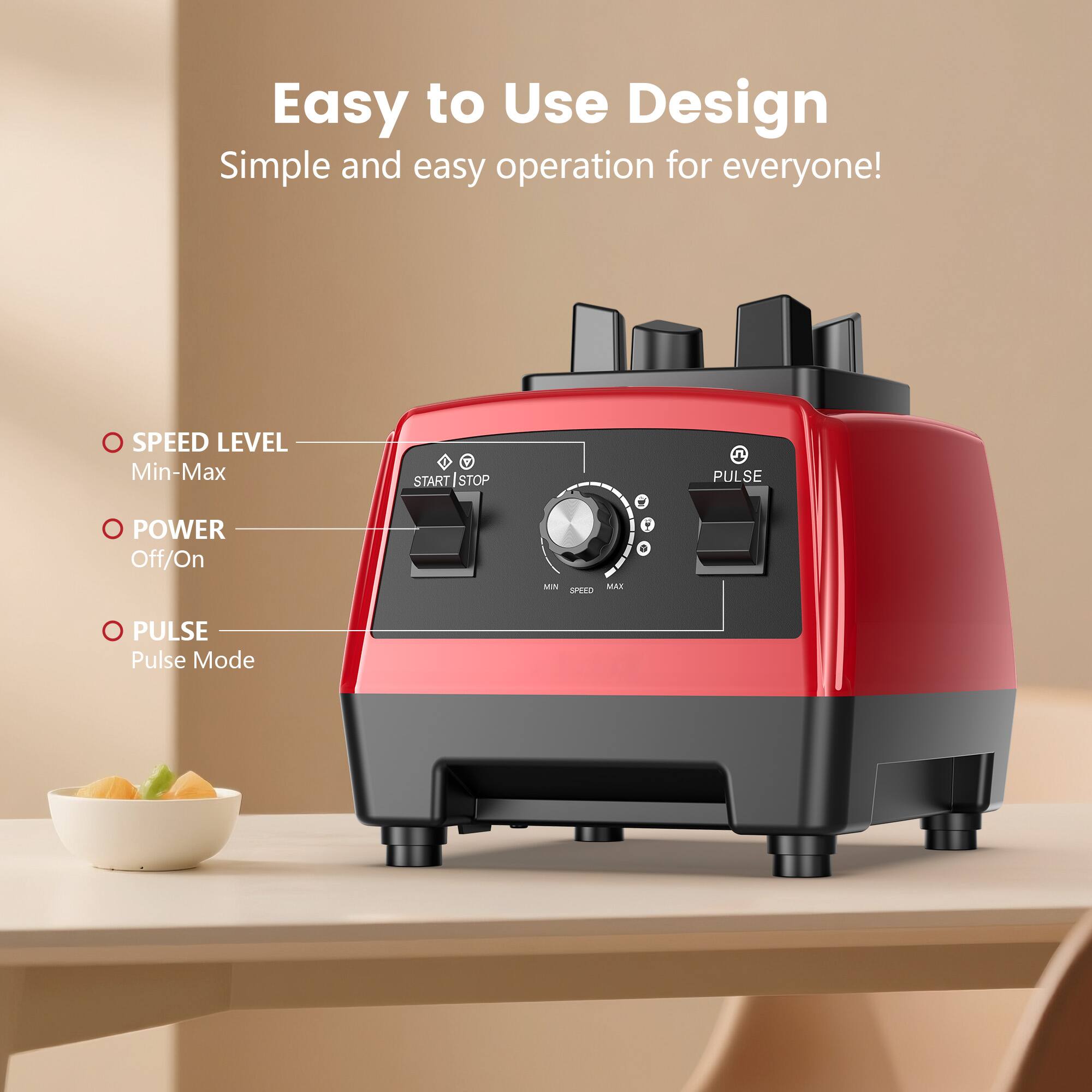 Easy to Use Design  
Simple and easy operation for everyone!  

- SPEED LEVEL  
  Min-Max  

- POWER  
  Off/On  

- PULSE  
  Pulse Mode