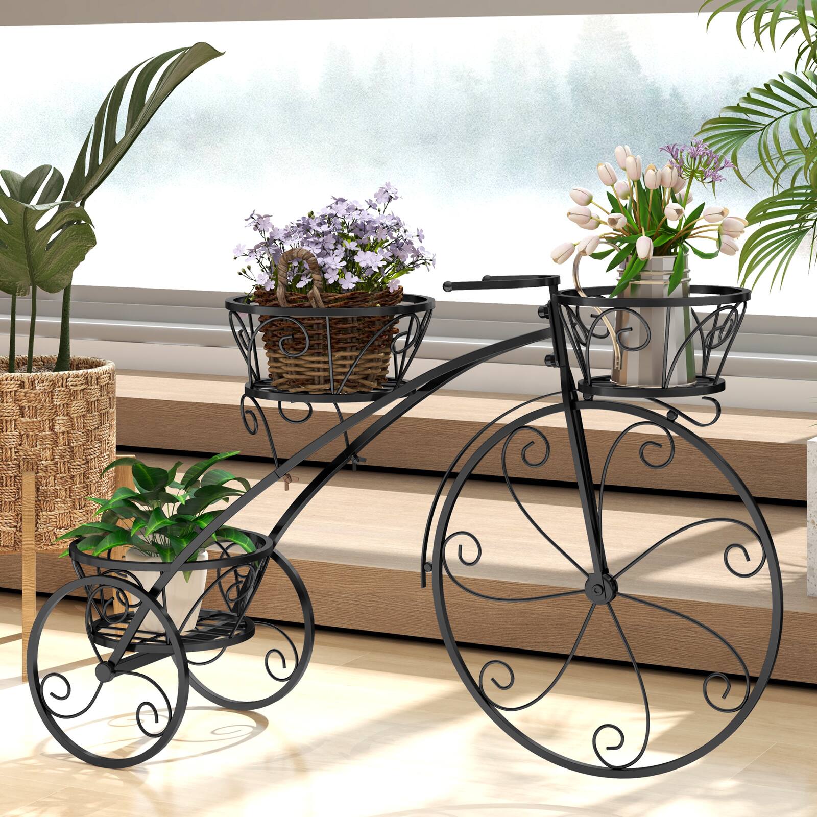 Alt View 1. Gymax - Gymax 3-Tier Bicycle Plant Stand w/ Hollowed Baskets Metal Flower Pot Cart Holder Black - Black.