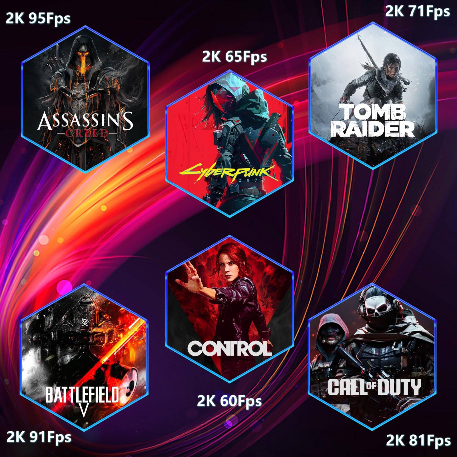 2K 95Fps  
ASSASSIN'S CREED  

2K 65Fps  
CYBERPUNK 2077  

2K 71Fps  
TOMB RAIDER  

2K 91Fps  
BATTLEFIELD V  

2K 60Fps  
CONTROL  

2K 81Fps  
CALL OF DUTY