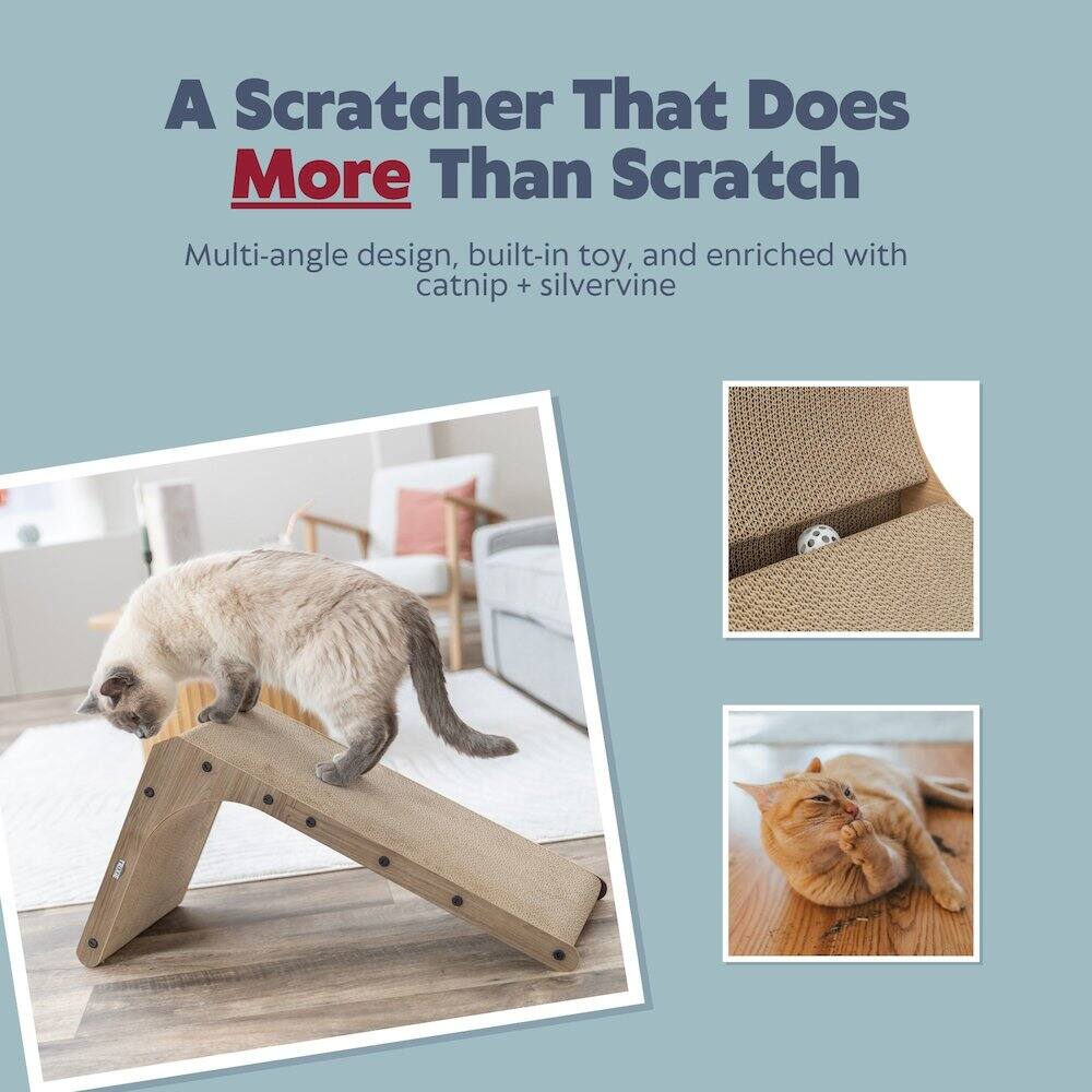 A Scratcher That Does More Than Scratch

Multi-angle design, built-in toy, and enriched with catnip + silvervine