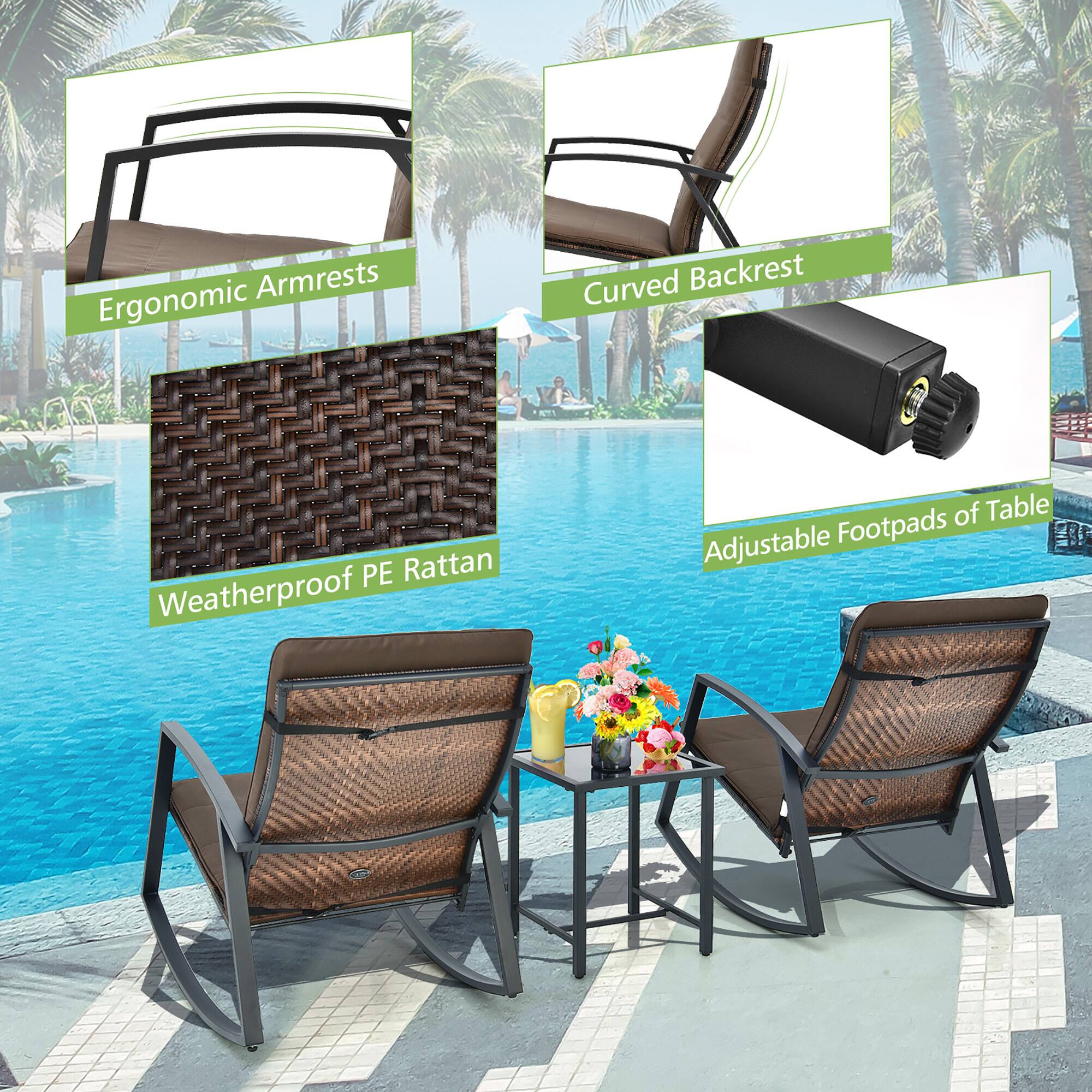 - Ergonomic Armrests
- Curved Backrest
- Weatherproof PE Rattan
- Adjustable Footpads of Table