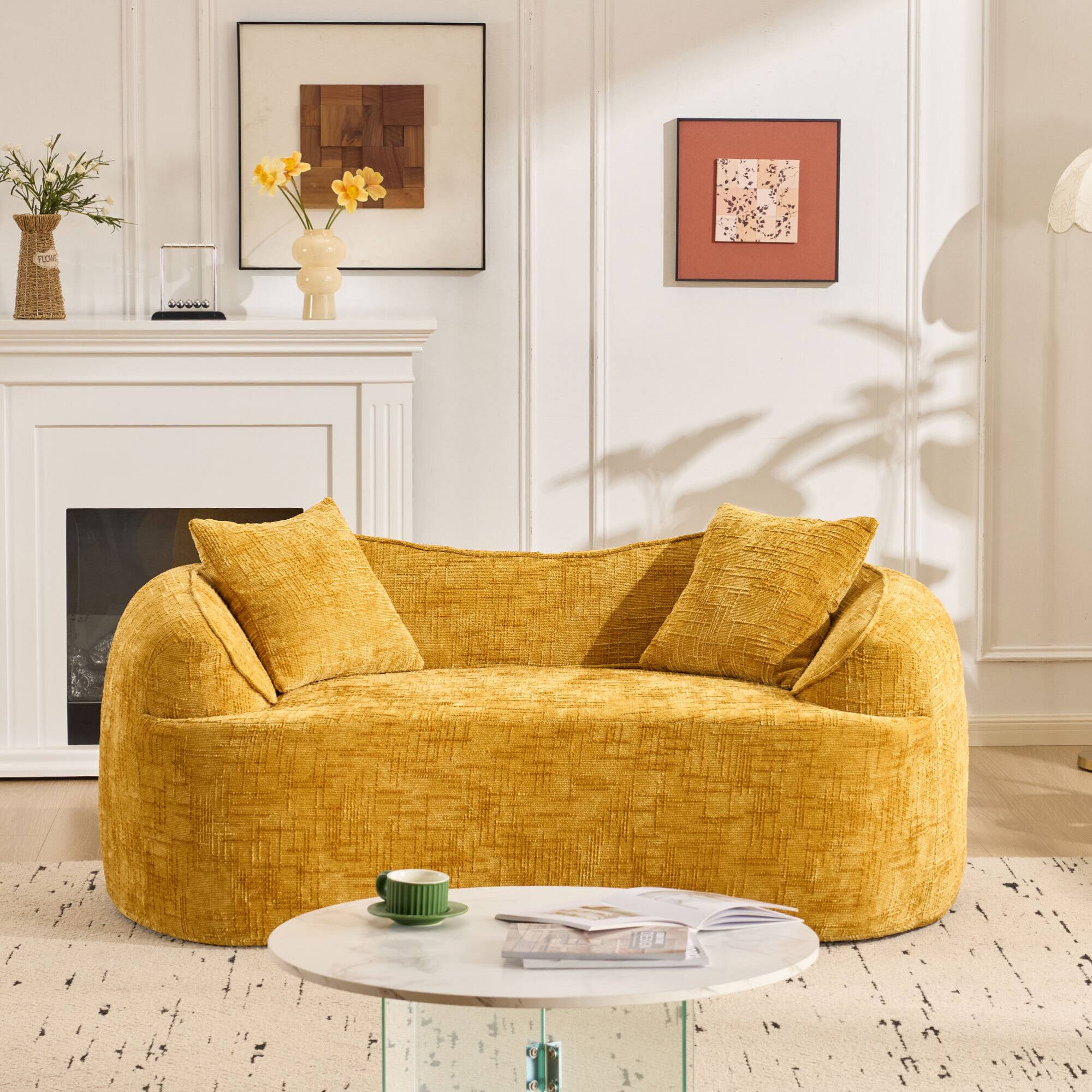 Alt View 1. GOODSILO - Curved Two-Person Compression Sofa with Pillows for Small Spaces - Yellow.