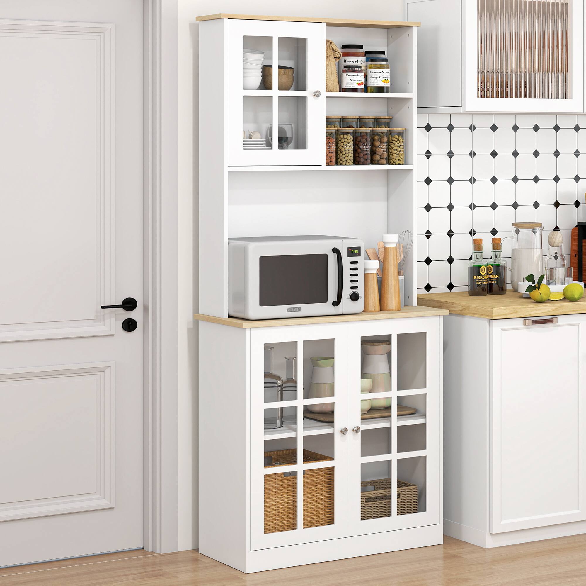 Alt View 1. Homcom - Kitchen Pantry Storage Cabinet, 72" Freestanding Cabinet with Hutch, Large Countertop, Glass Doors - White.