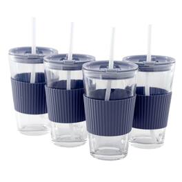Mr. Coffee - Sip Savvy 4 Piece 15 Ounce Silicone Sleeve Glass Cup Set w/ Lid and Straw in Navy - Blue