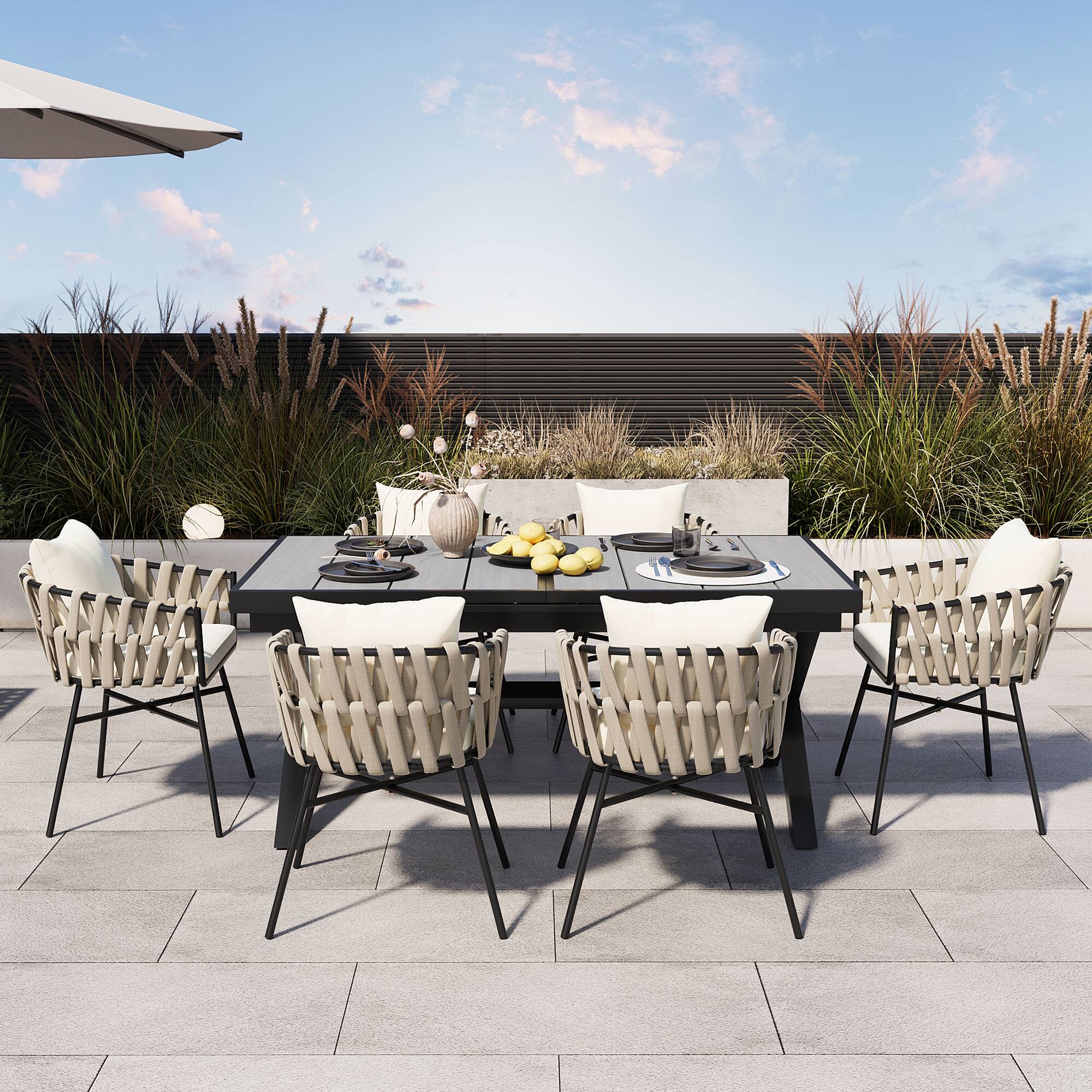 Left. APRILSOUL - U Style 6 Polyester Woven Tape Chairs Expandable Table 629 To 826 Inches Alfresco Dining - Beige,Gray.