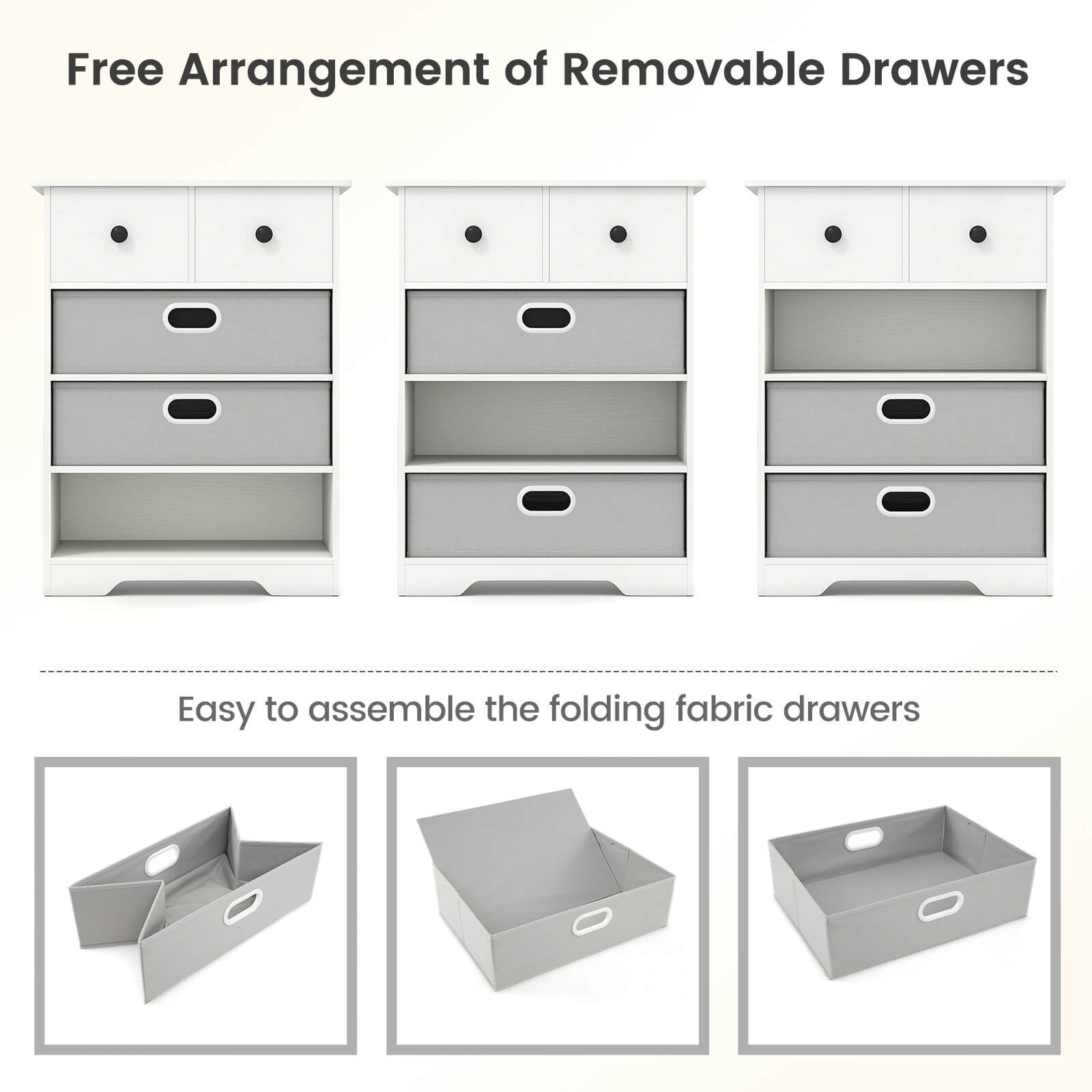 Free Arrangement of Removable Drawers

Easy to assemble the folding fabric drawers