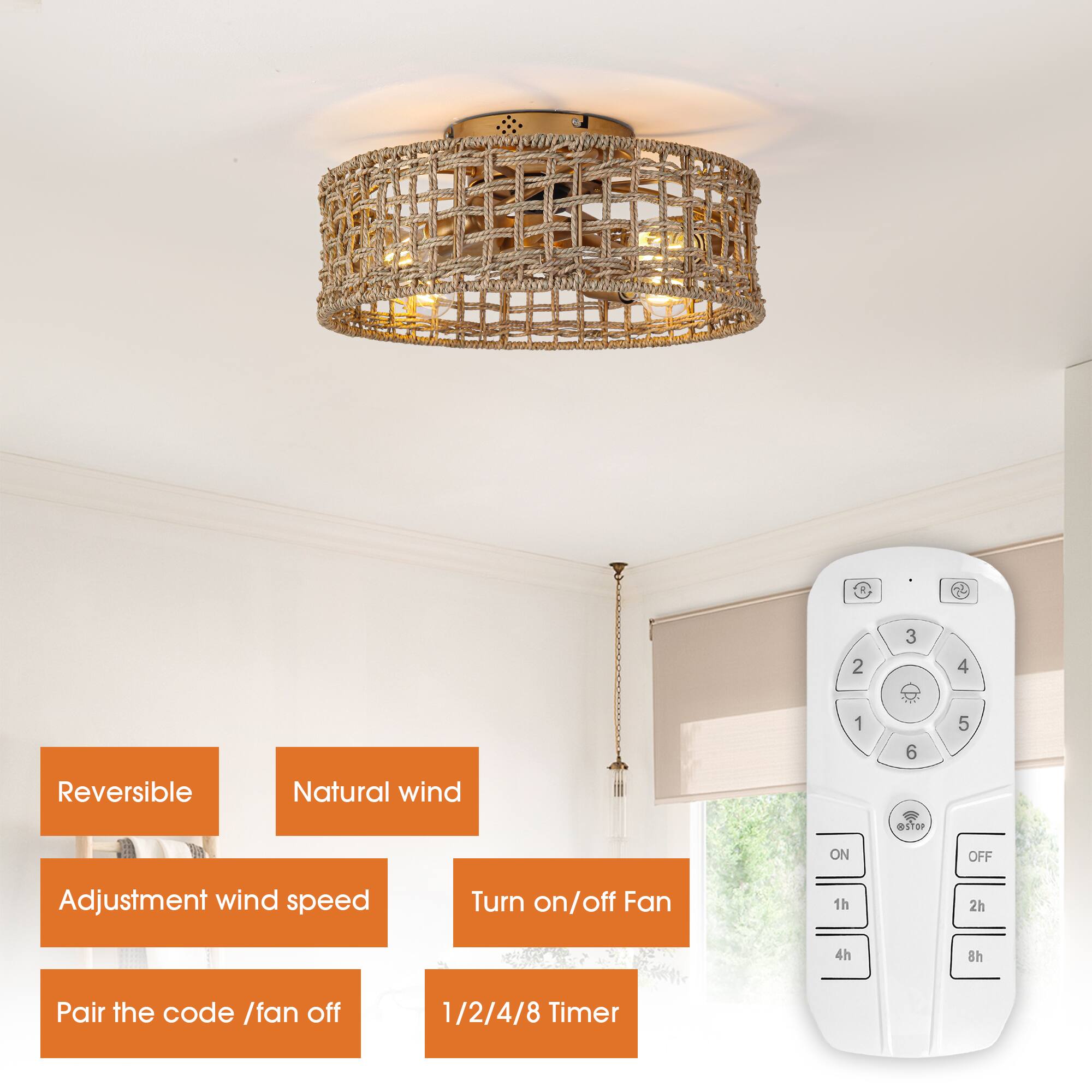 - Reversible
- Natural wind
- Adjustment wind speed
- Turn on/off Fan
- Pair the code / fan off
- 1/2/4/8 Timer
- 1h
- 2h
- 4h
- 8h