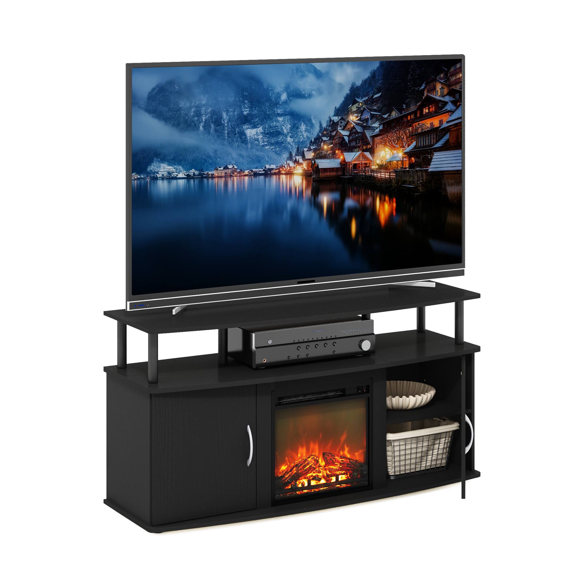Front. Furinno - JENSEN TV Stand, Entertainment Center, TV Console with Fireplace and Open Shelf, for Living Room, Bedroom - Dark Americano/Black.
