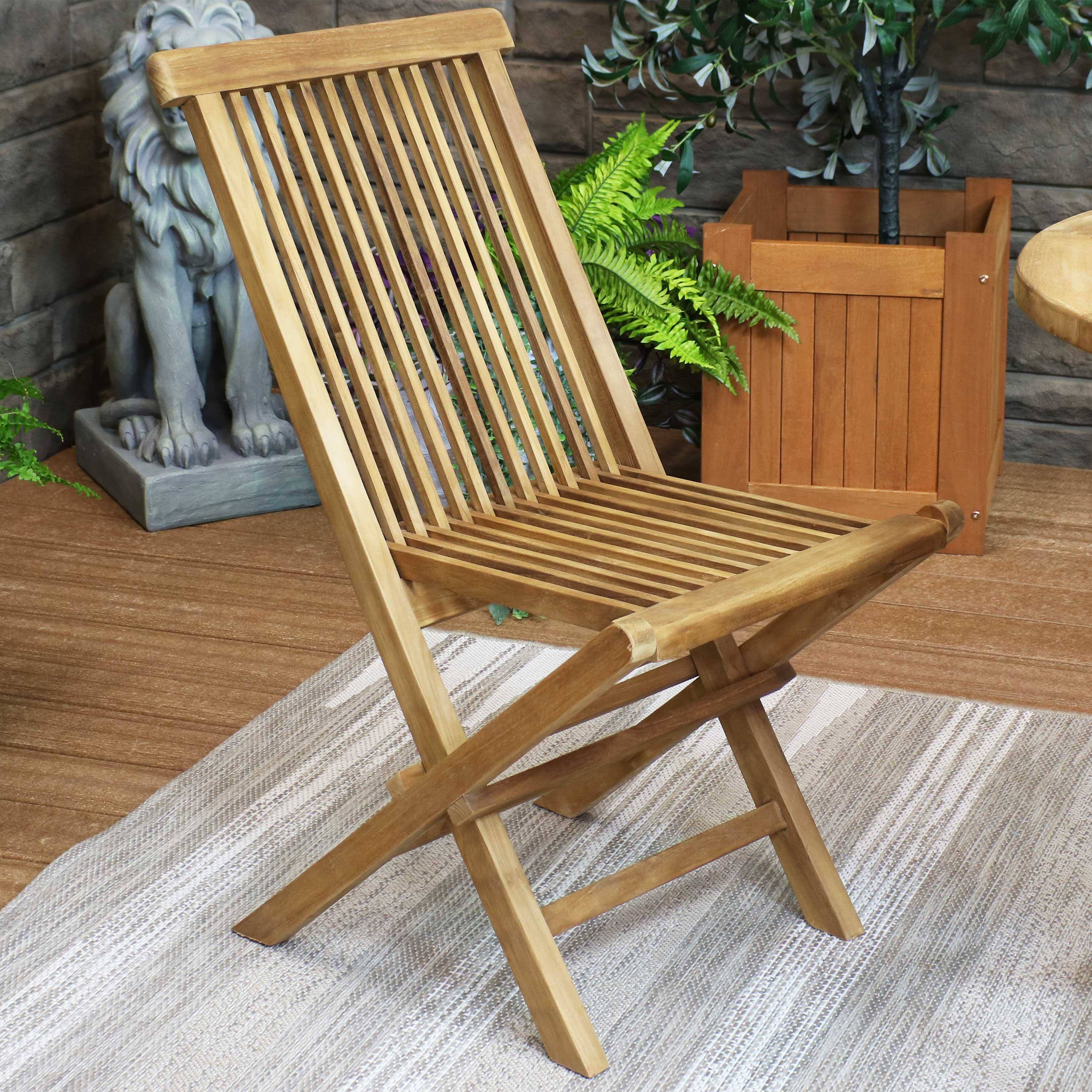 Alt View 2. Sunnydaze - Hyannis Solid Teak Wood Folding Slat-Back Patio Chair - Light Brown.