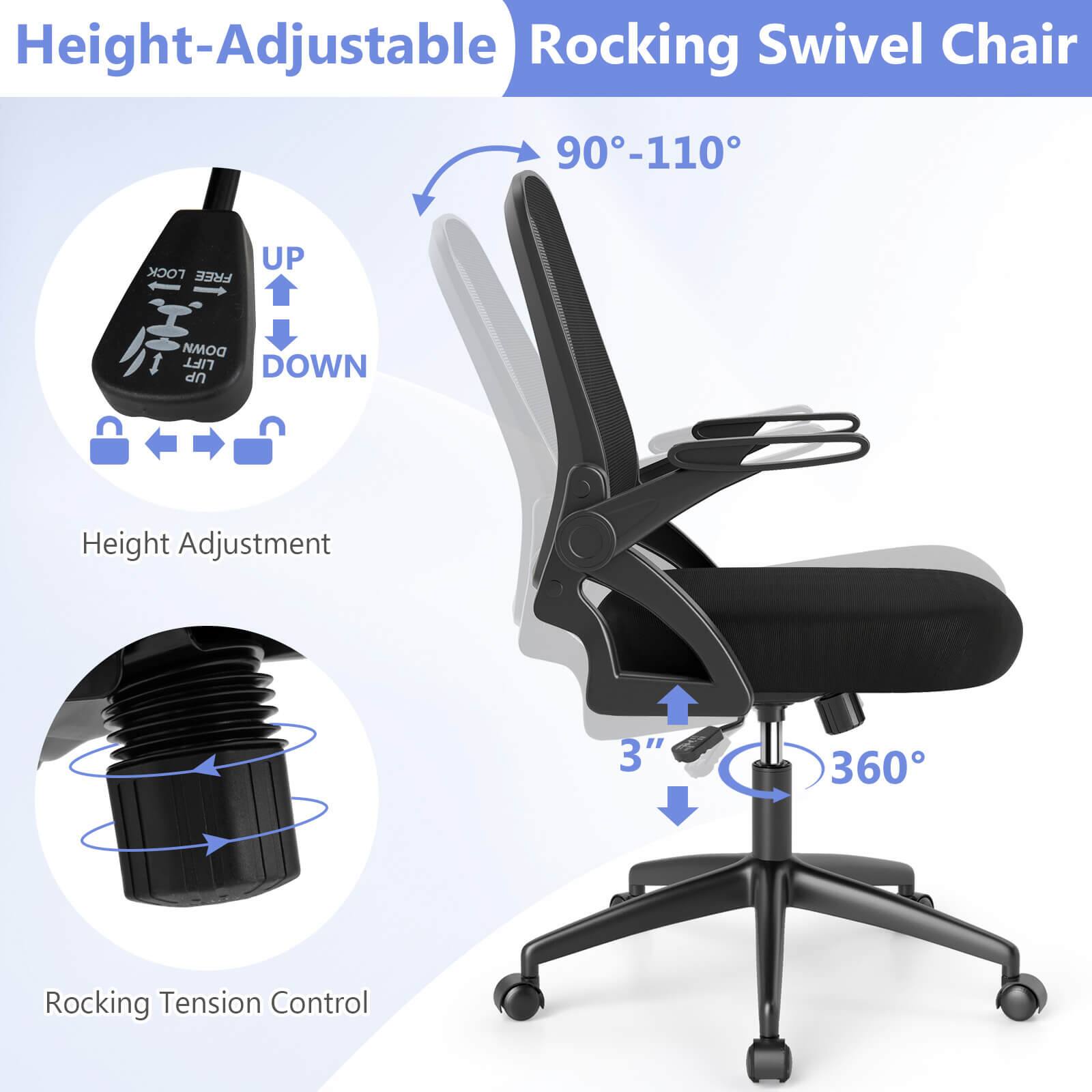 Height-Adjustable Rocking Swivel Chair

- Height Adjustment: UP DOWN
- Rocking Tension Control
- 90°-110°
- 3" Height Adjustment
- 360° Swivel