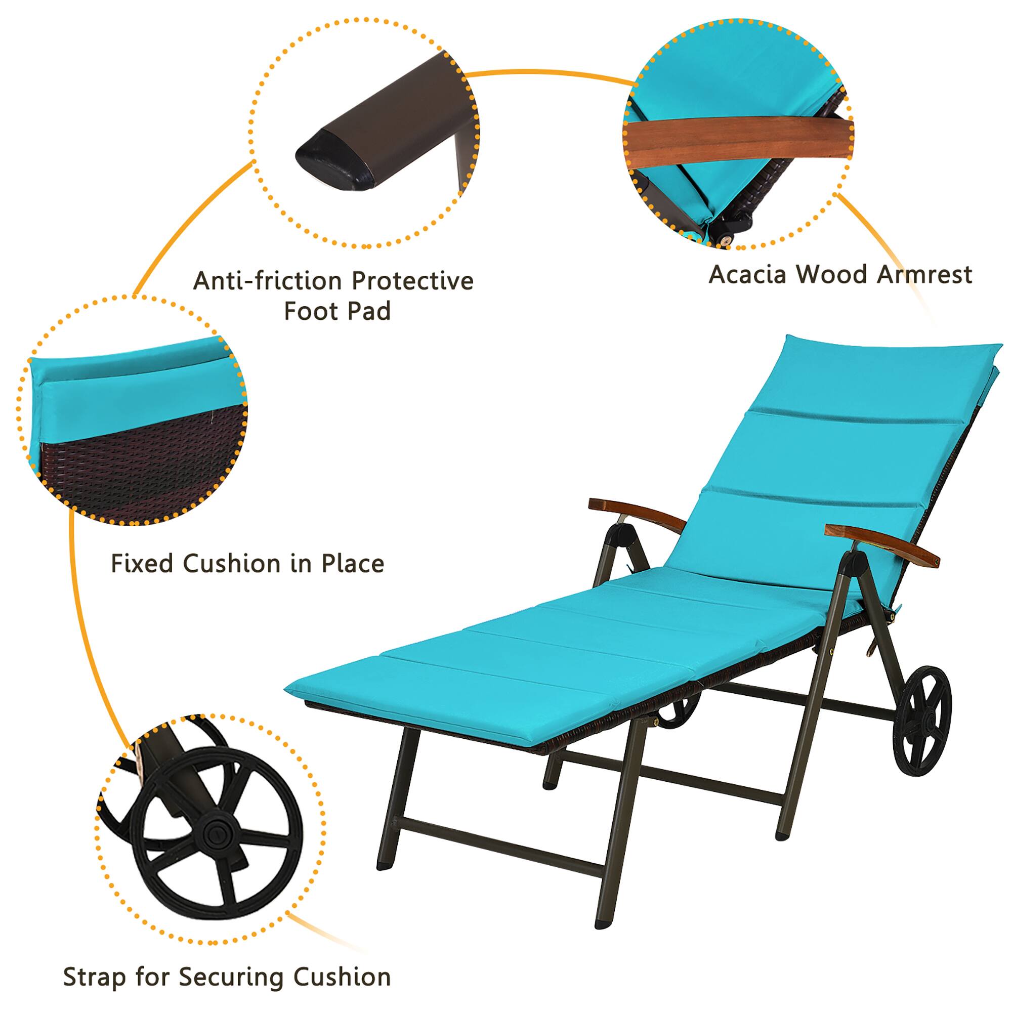 The text on the image is grouped and corrected as follows:

1. Anti-friction Protective Foot Pad
2. Acacia Wood Armrest
3. Fixed Cushion in Place
4. Strap for Securing Cushion