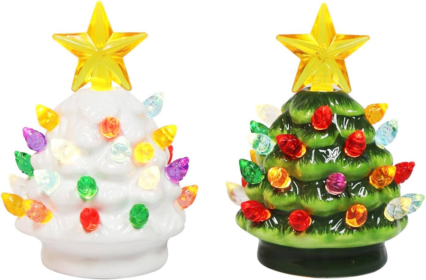 Left. RTMB - 2-Pc 3.5" Ceramic Christmas Trees with Multicolor LED Lights & Star Topper - green, white.