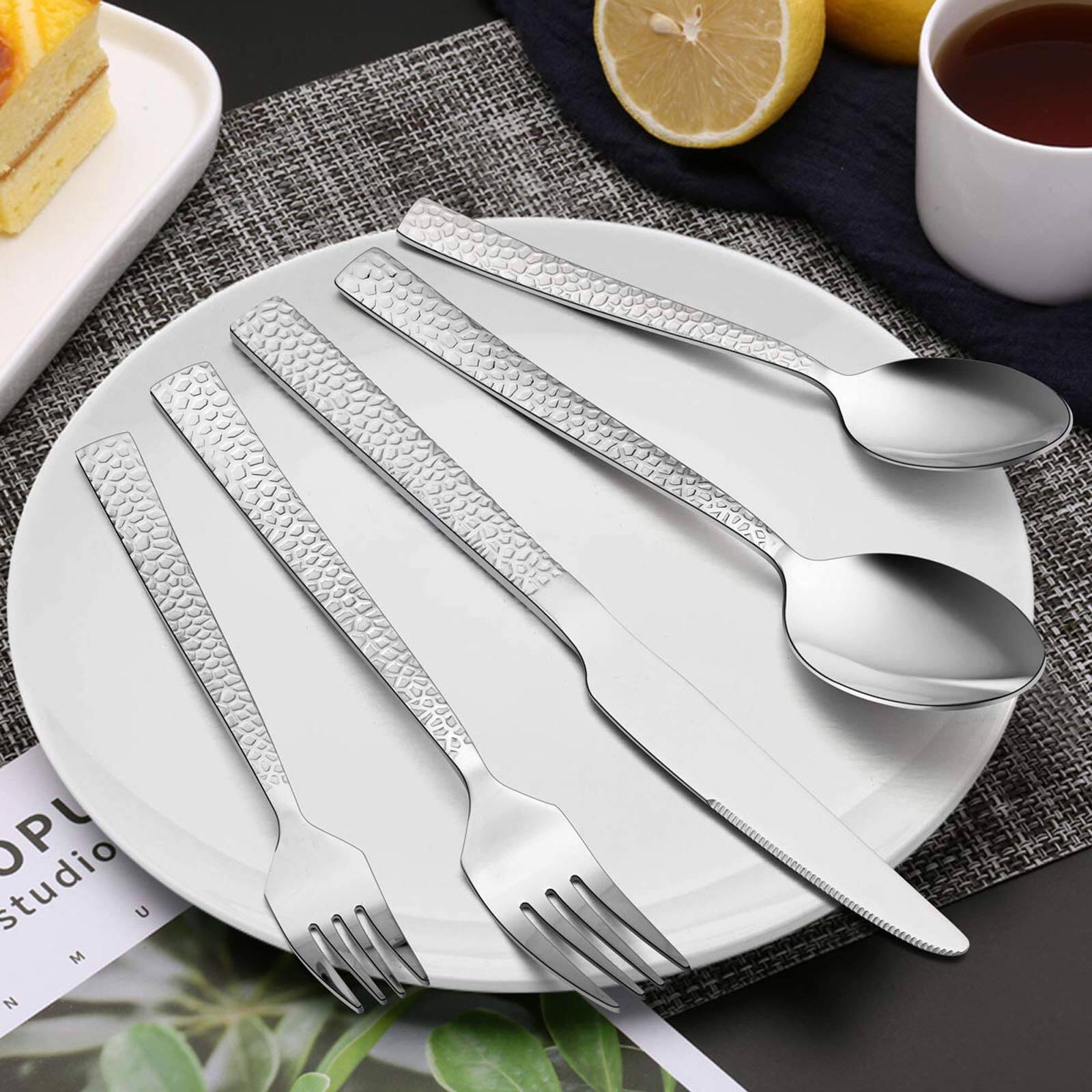 Left. Dazzed Corner - Hammered Silverware Set, 40-Piece Stainless Steel Square Flatware Set for 8 - Silver.