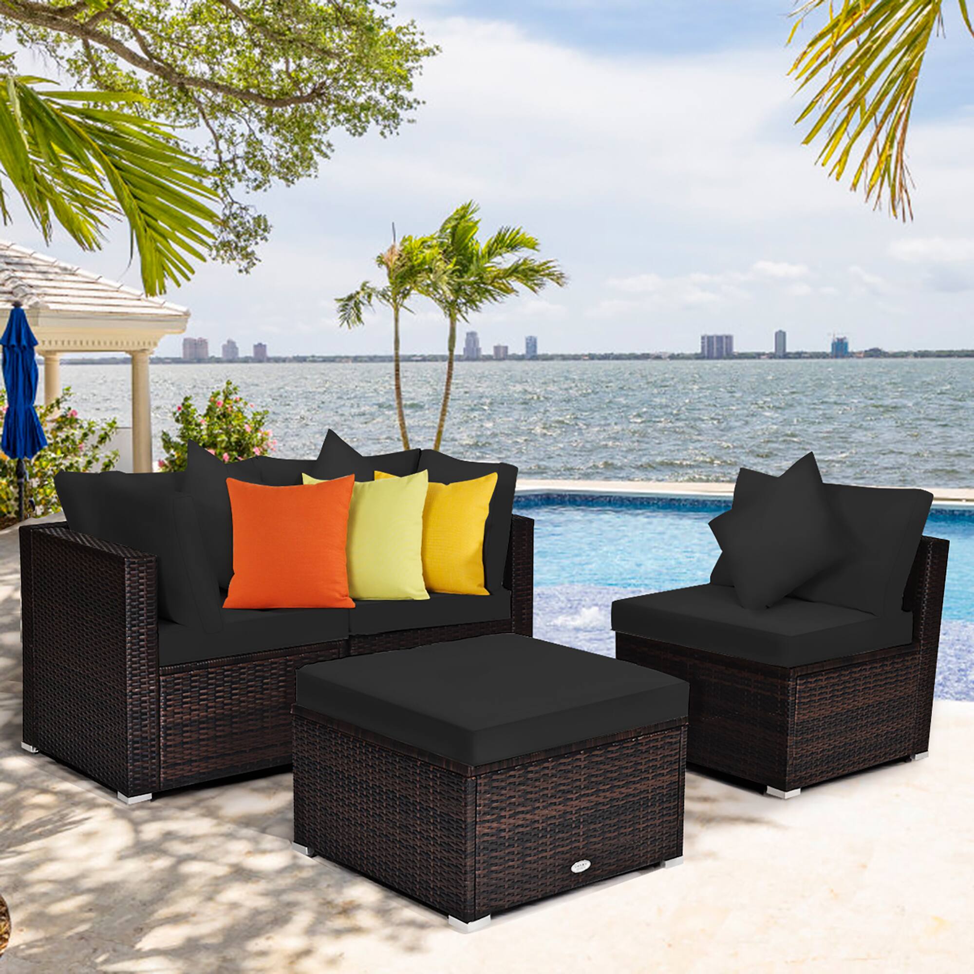 Alt View 1. Costway - 4PCS Patio Rattan Furniture Set Sofa Ottoman Cushion Garden Deck - Black.