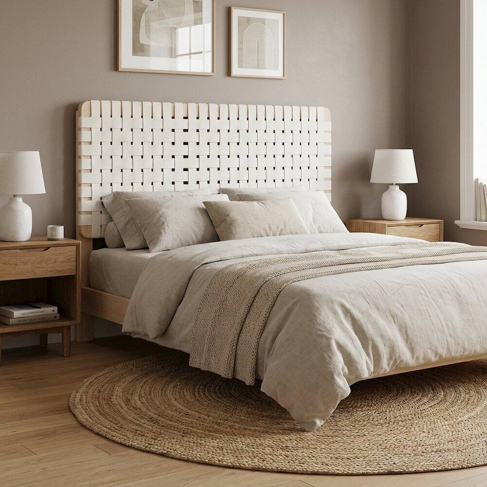 Left. FurniFact - Vegan Leather Full Headboard with Woven Texture and Sturdy Frame - Beige.