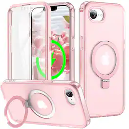 Dteck - for Apple iPhone 17e Mag Safe Case, Ring Stand Built-in Screen Protector Full Body Cover - Pink