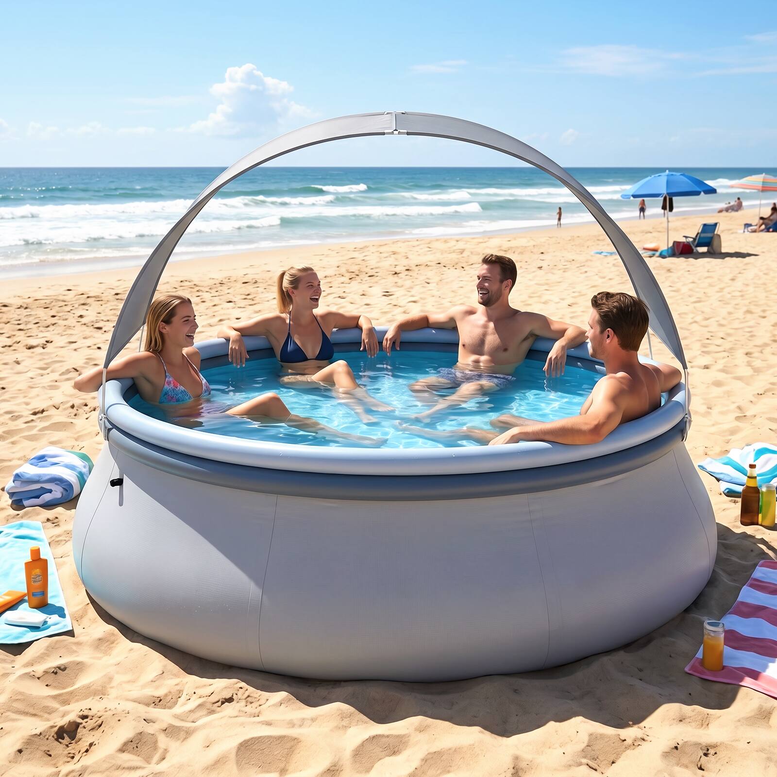 Alt View 1. Costway - Costway Outdoor Large Inflatable Pool, Round Blow Up Pool with Sunshade Canopy for Adults - Blue + Gray.