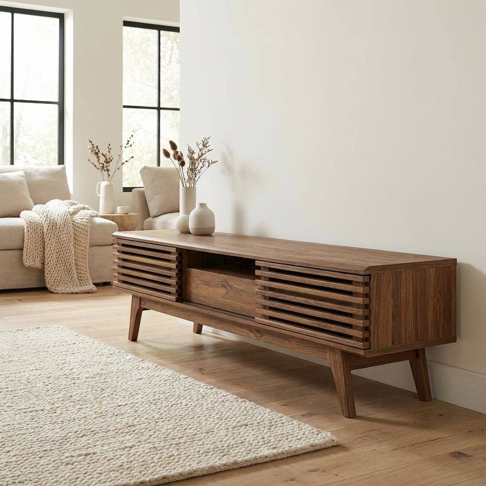 Left. FurniFact - Brown wood TV stand with sleek design and ample storage space - Brown.