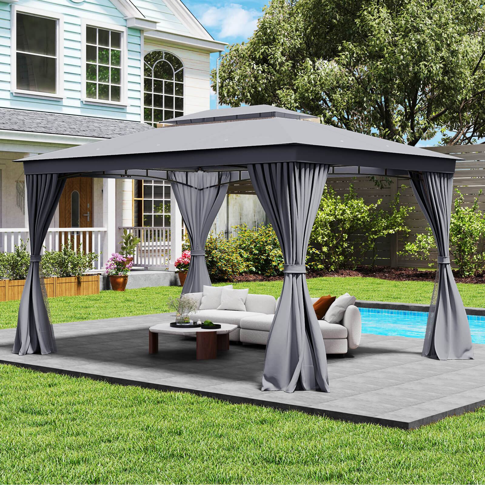 Alt View 3. Costway - Costway 10 X 13 FT Patio Gazebo, Outdoor Double-Roof Canopy Tent with Mesh Netting - Gray.