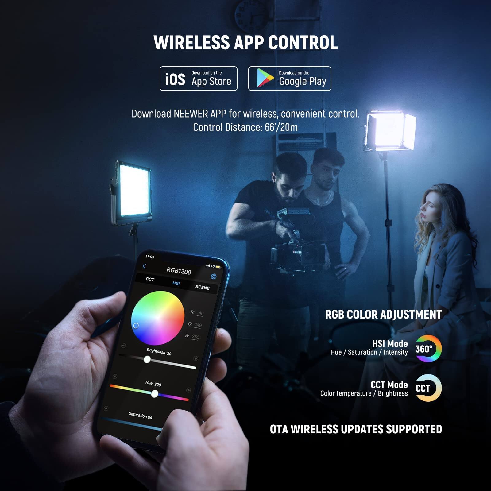 **WIRELESS APP CONTROL**

- Download - the iOS App Store
- Download - the Google Play

Download NEENER APP for wireless, convenient control.
Control Distance: 66'/20m

**RGB COLOR ADJUSTMENT**
- HSI Mode: Hue/Saturation/Intensity
- CCT Mode: Color temperature/Brightness

**OTA WIRELESS UPDATES SUPPORTED**